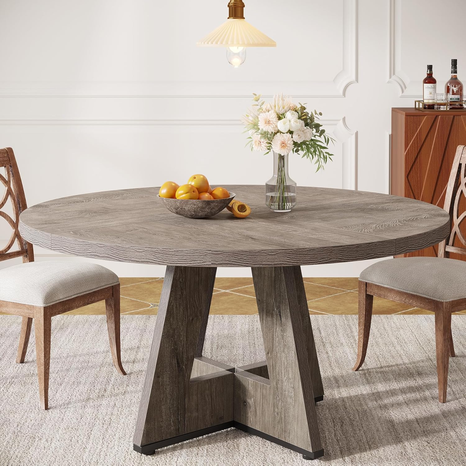 47" Farmhouse Dining Table, Round Wooden Kitchen Dinner Table for 4 People