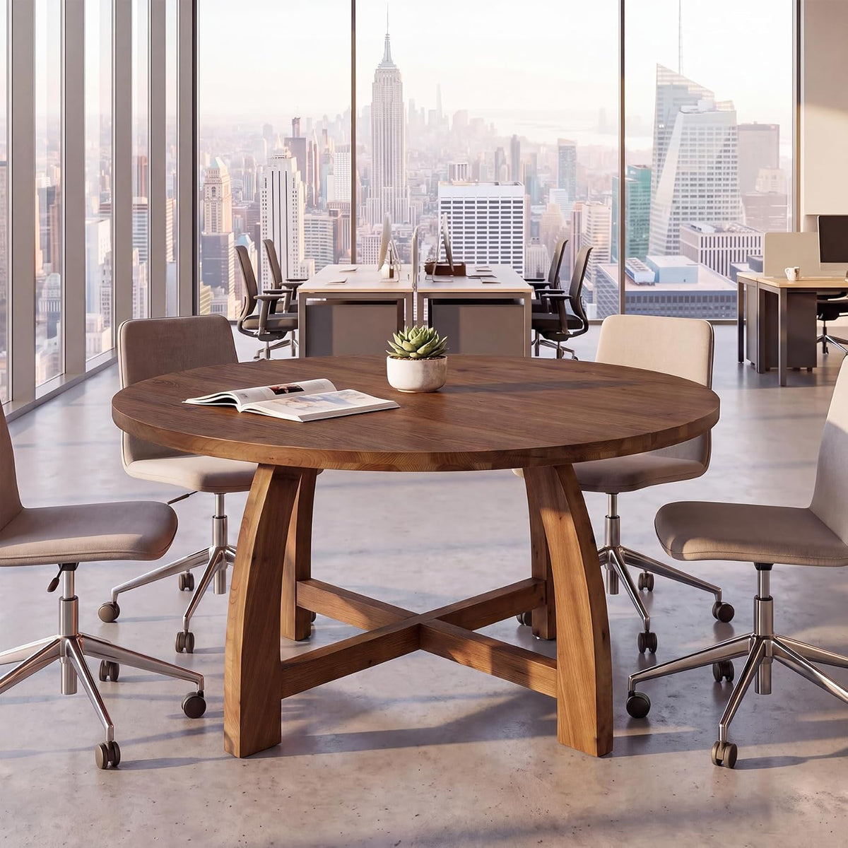 47" Solid Wood Conference Table for 4-6, Round Meeting Table with Cross-Shaped Base