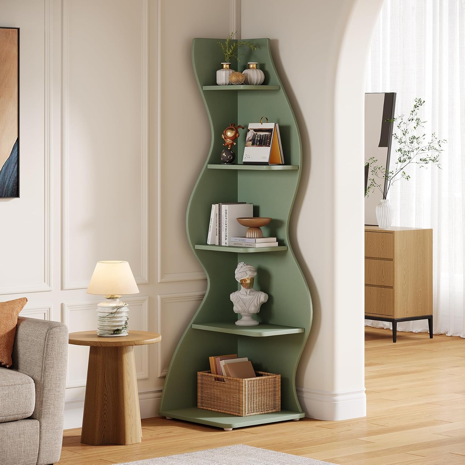 Tribesigns Wavy Corner Shelf, Modern 5-Tier Curved Bookshelf for Small Spaces