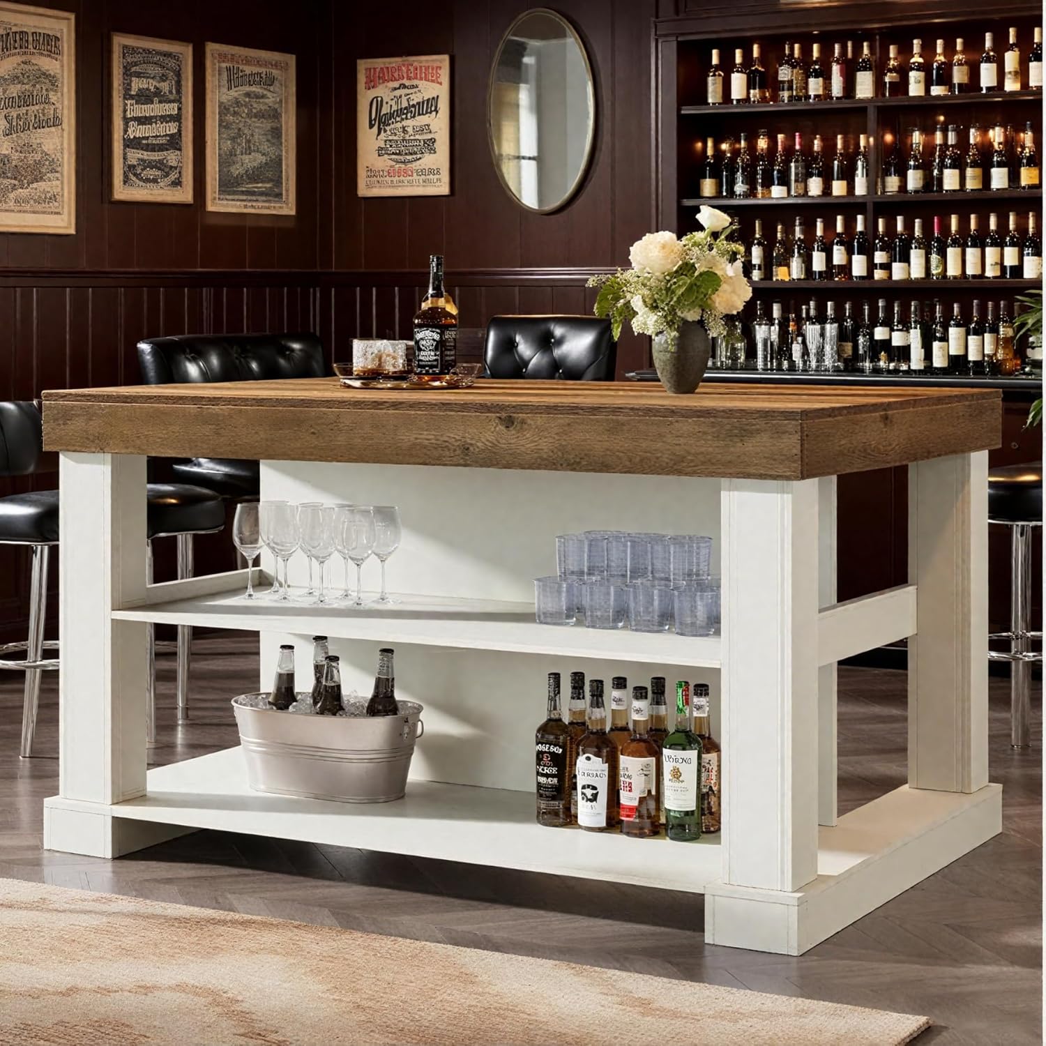 55" Counter Height Bar Table with Storage Shelves, Rectangular Kitchen Table for 6