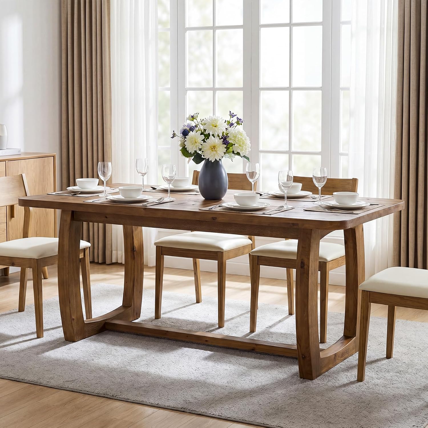 63" Solid Wood Dining Table, Farmhouse Rectangle Kitchen Table with U-Shaped Trestle Base