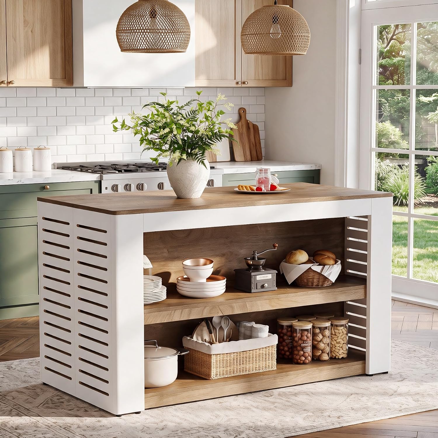 55" Farmhouse Kitchen Island, 3-Tier Wooden Stationary Island Table for Kitchen