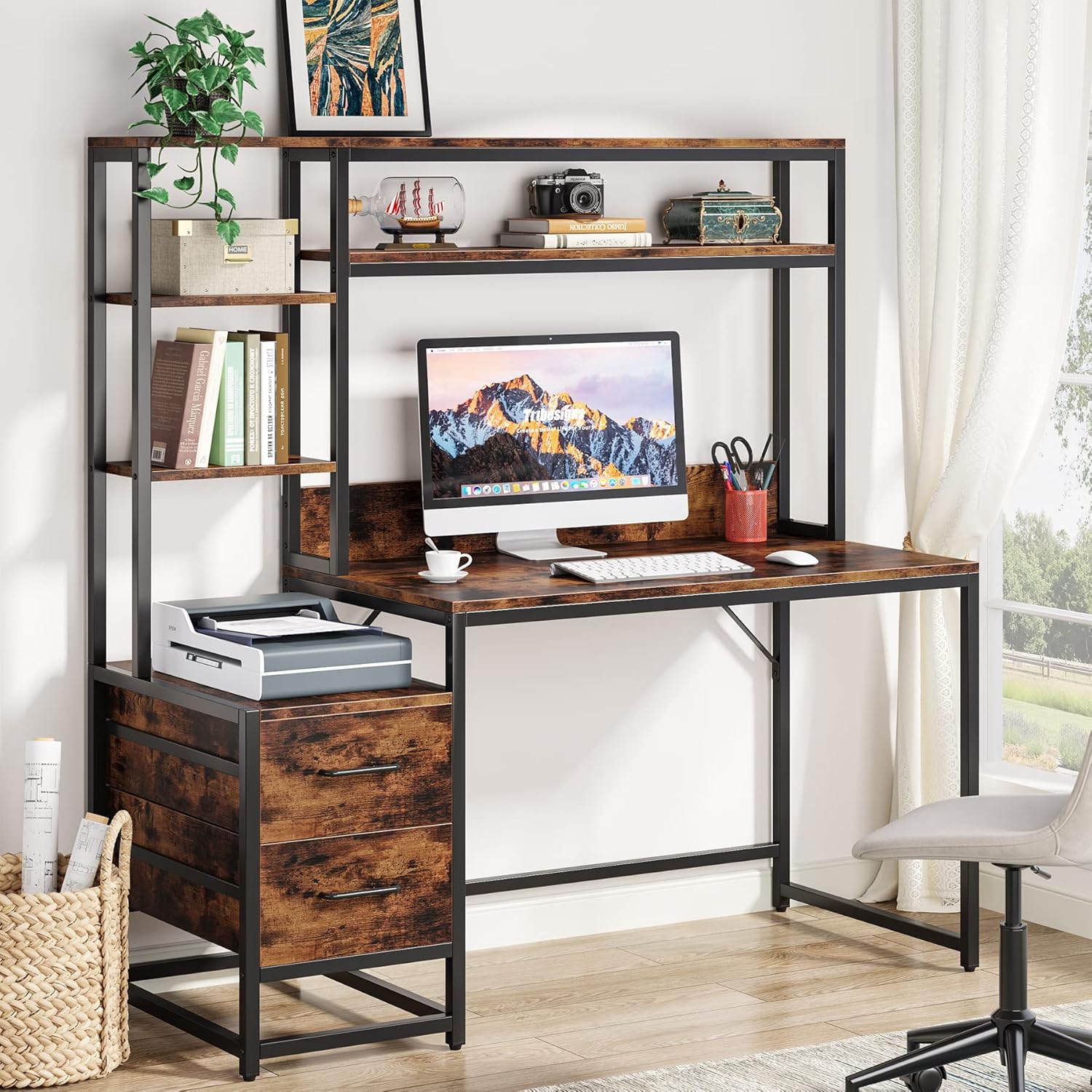 Tribesigns 55 Inch Computer Desk with Storage Shelves, Rustic Office Desk with Drawers