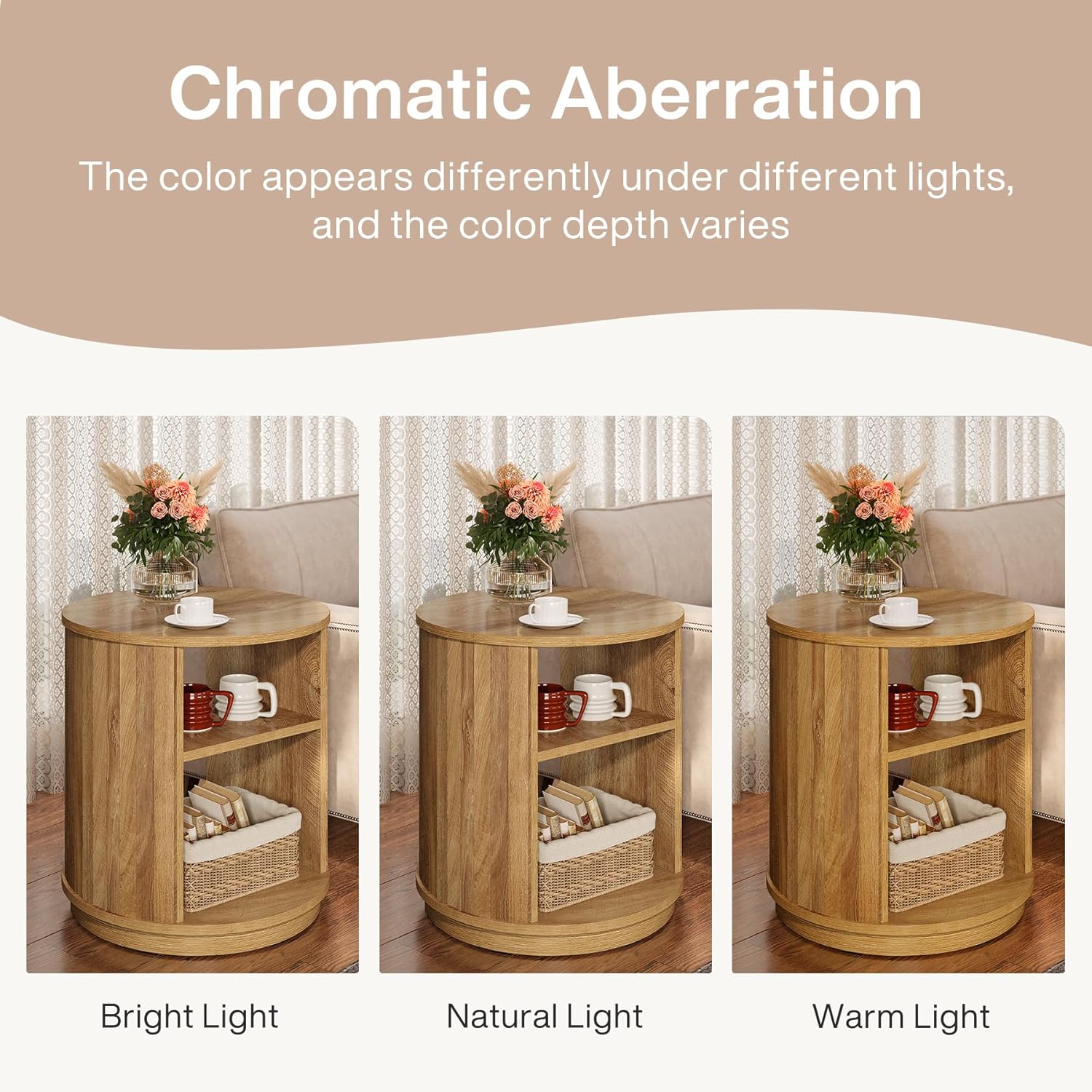 23.6" End Table, 3-Tier Round Side Table with Storage Shelf