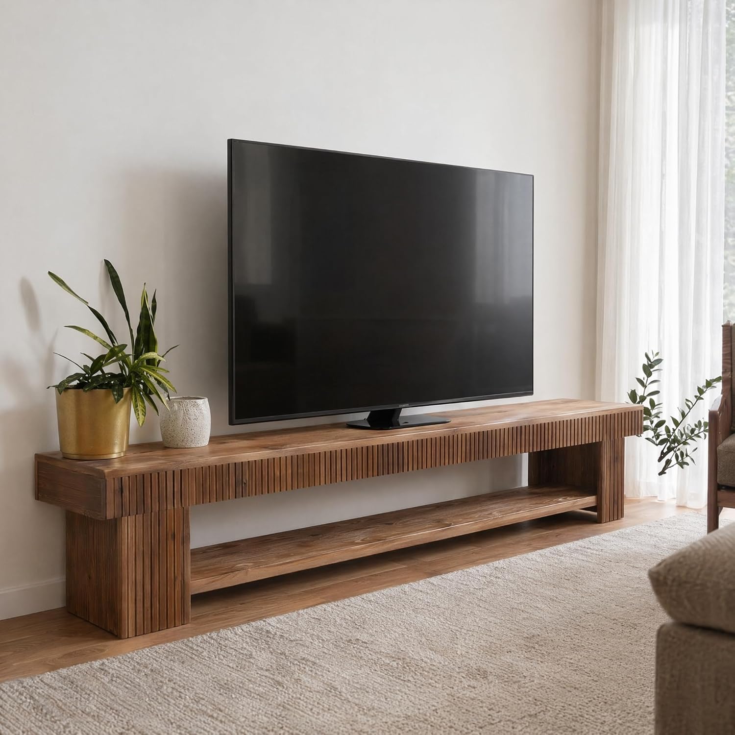 71 Inch Fluted Solid Wood TV Stand, Rustic Farmhouse Media Console with Open Storage for Living Room