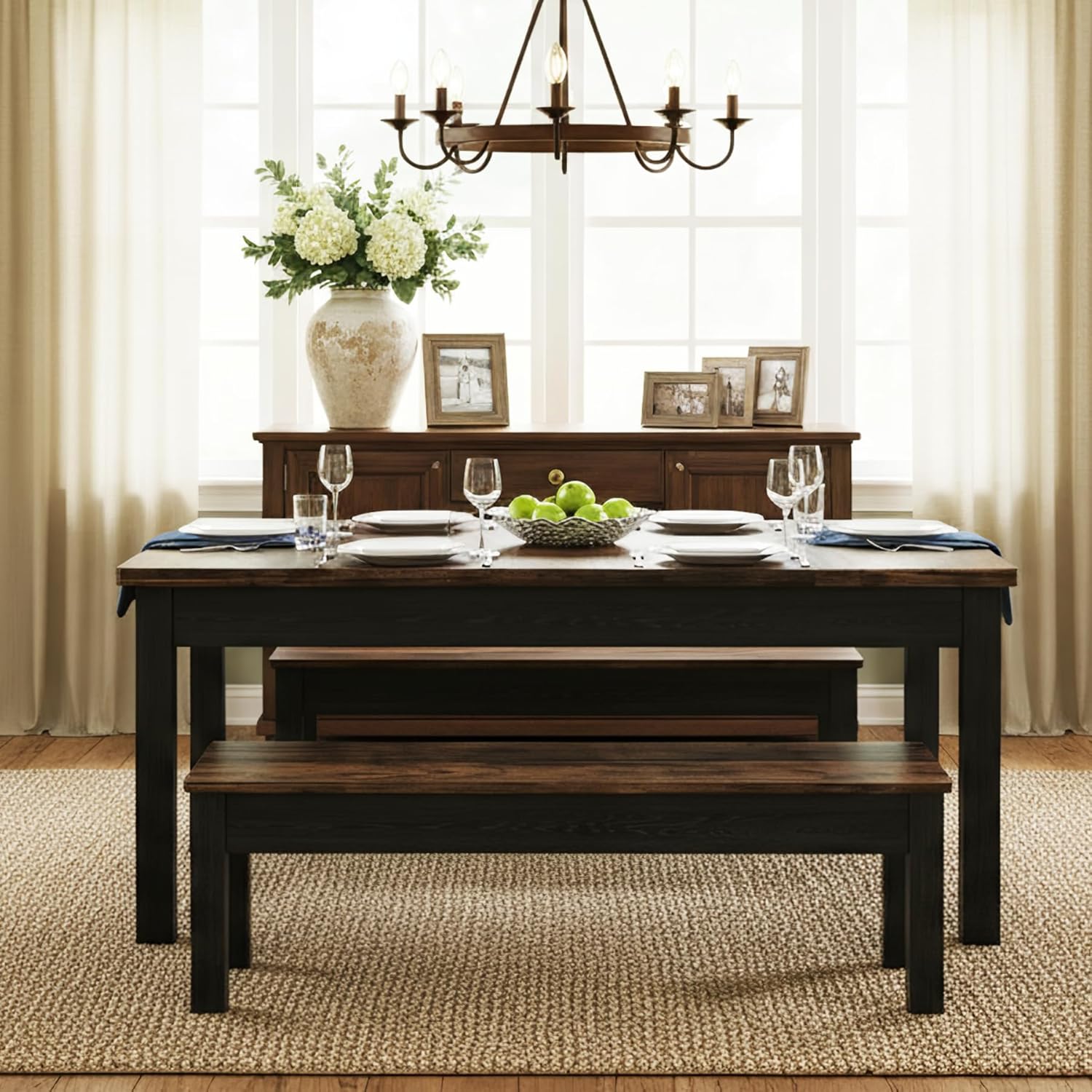 55" Farmhouse Kitchen Table Set for 4–6 People, 3 Piece Space Saving Dining Table with 2 Benches