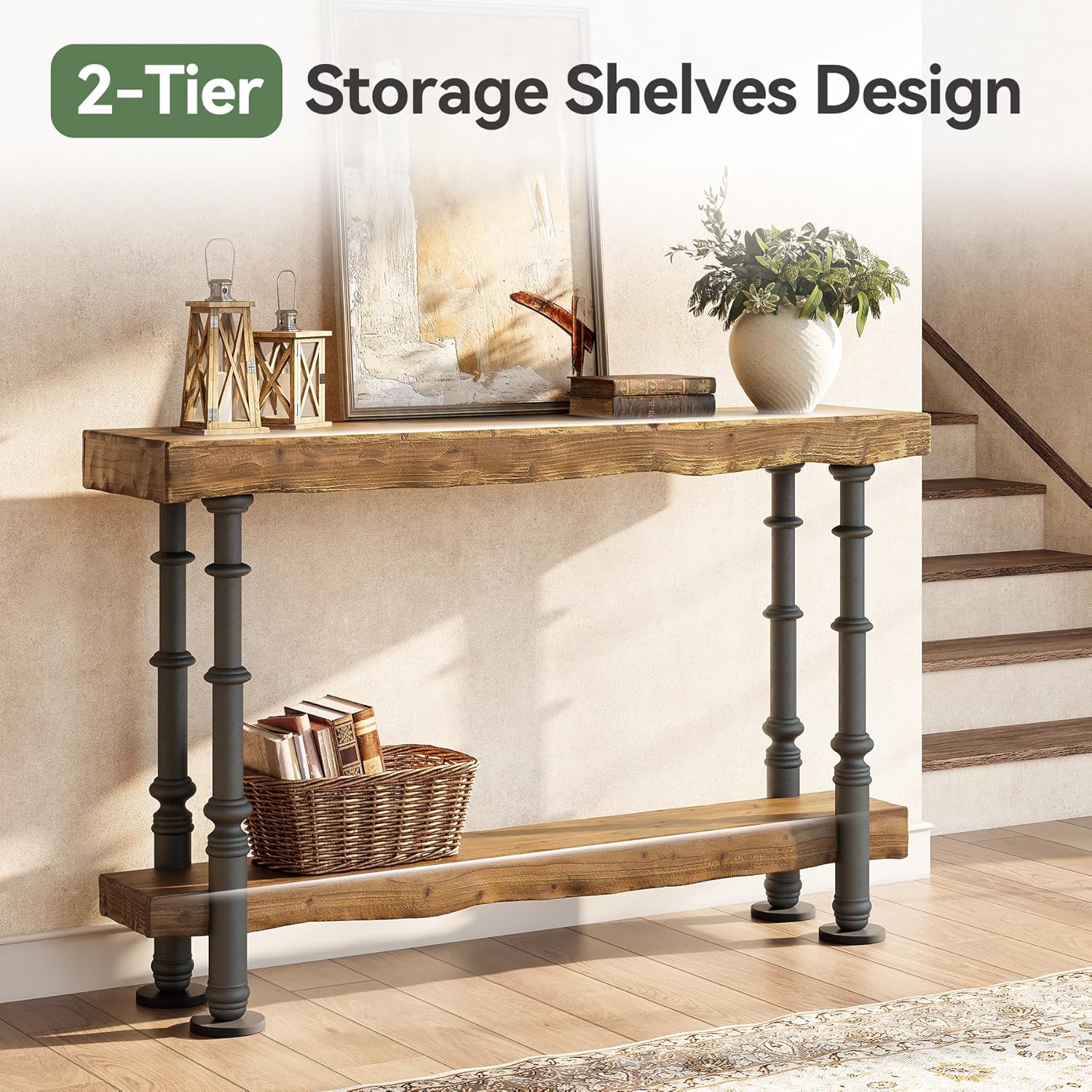 Solid Wood Console Table, 55" Industrial Sofa Table with Shelf