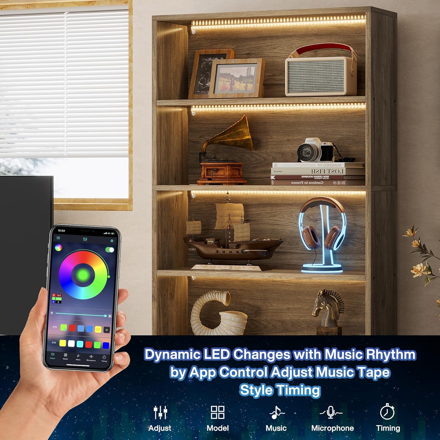 Tribesigns 70.8-Inch Tall Bookcase with LED Lights, 5-Tier Black Bookshelf Organizer