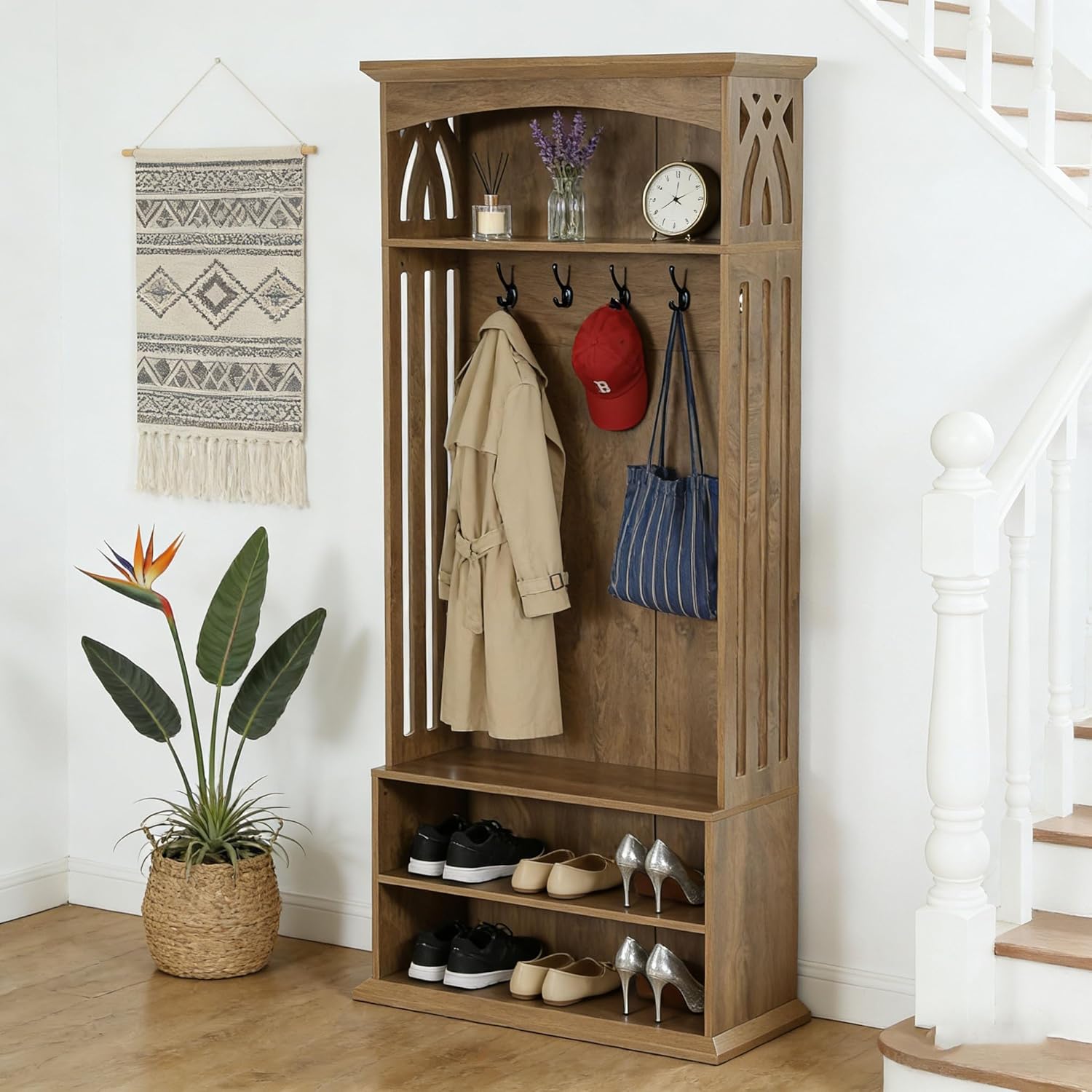 71" Hall Tree, Tall Coat Rack with 5 Hooks and 2-Tier Shoe Storage