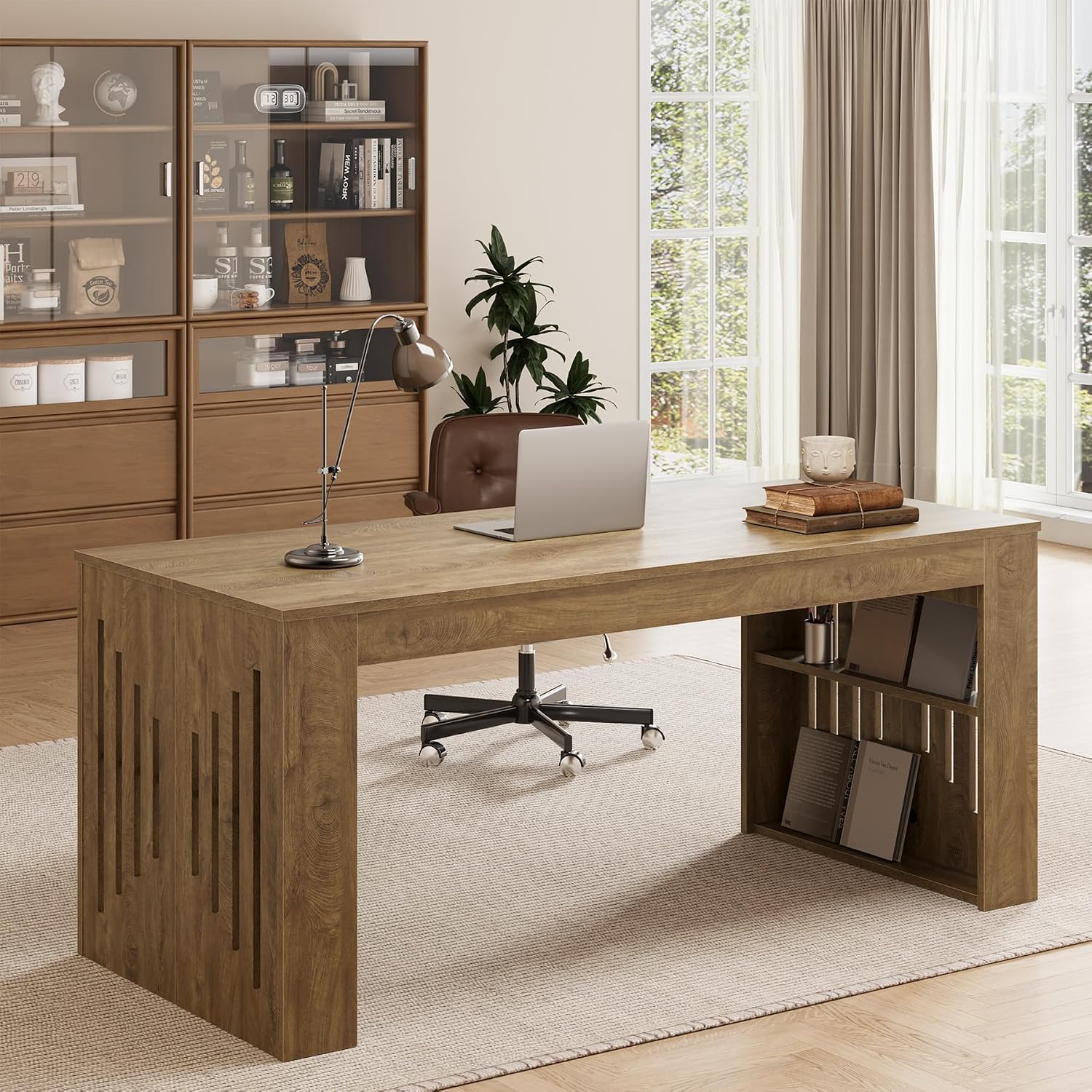 63" Executive Desk, Farmhouse Computer Desk with Drawers & Side Storage Shelf