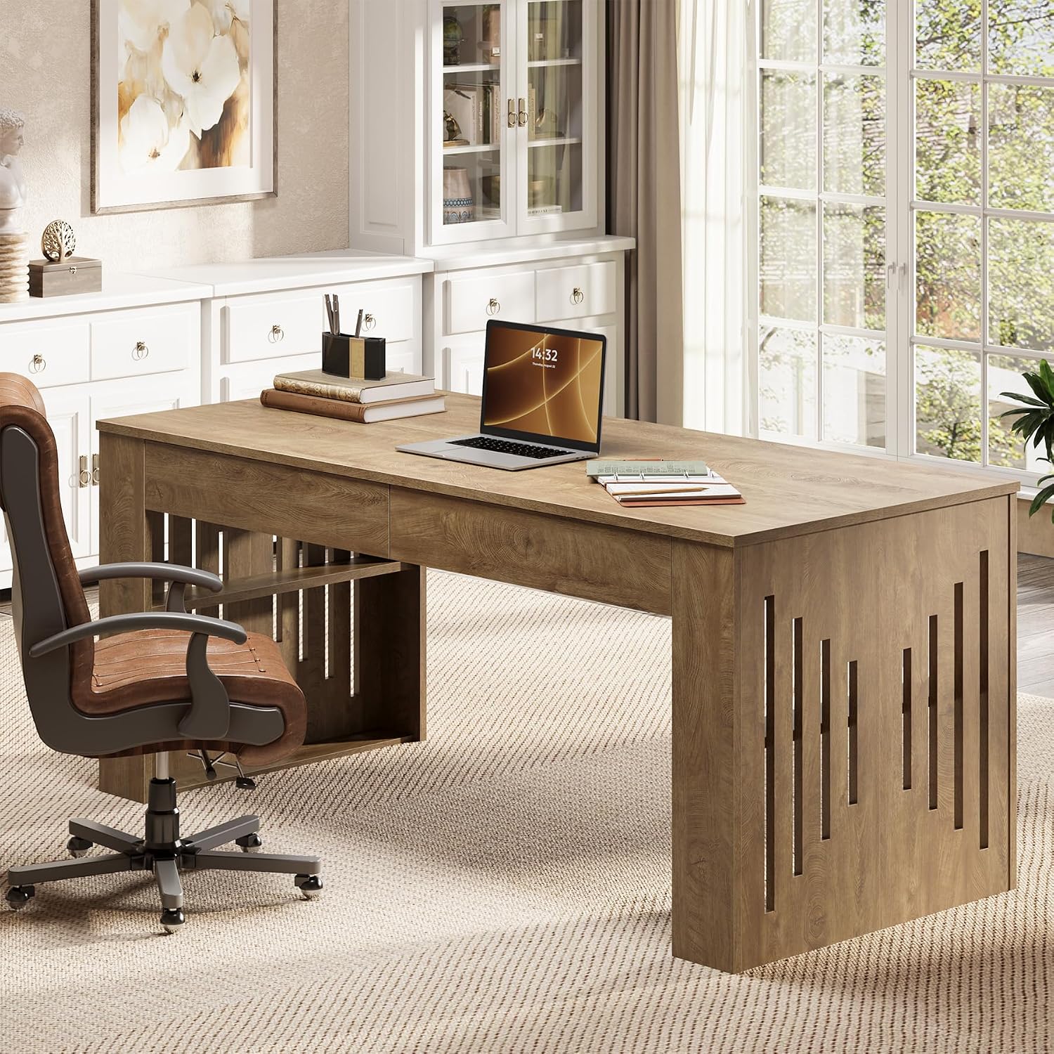 63" Executive Desk, Farmhouse Computer Desk with Drawers & Side Storage Shelf