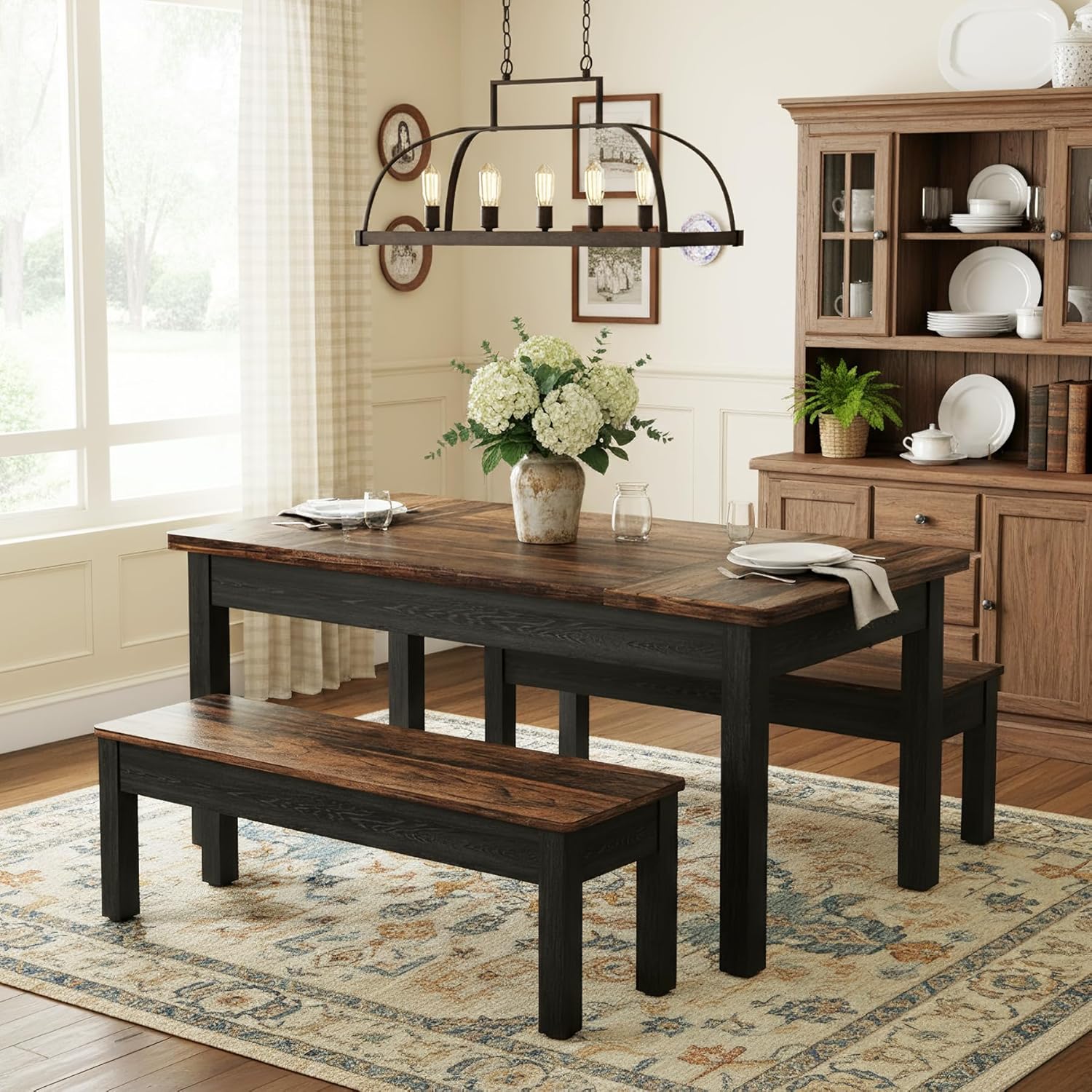 55" Farmhouse Kitchen Table Set for 4–6 People, 3 Piece Space Saving Dining Table with 2 Benches