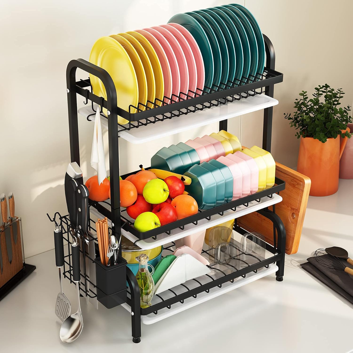 3-Tier Drying Rack, Capacity Dish Rack with Utensil Holder