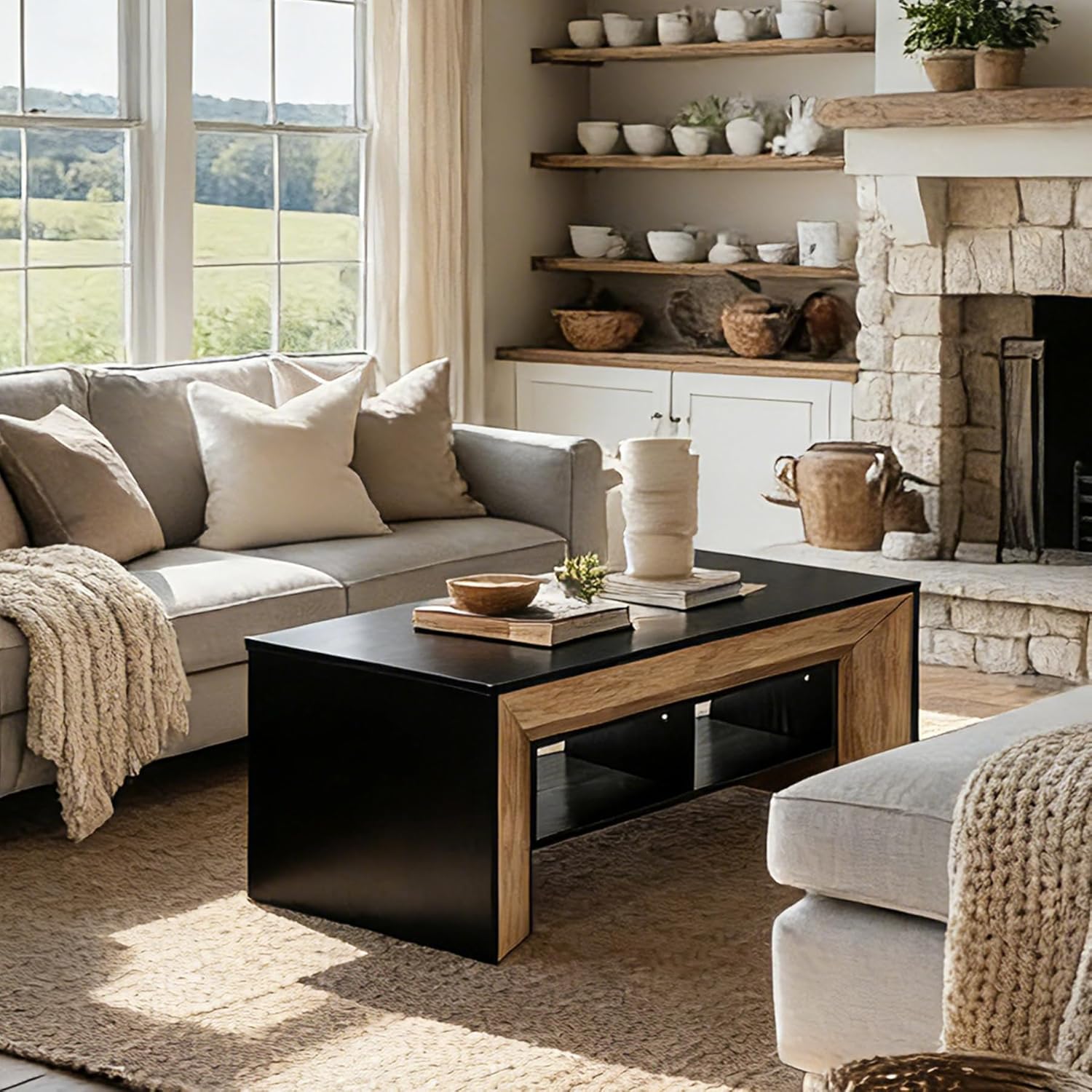 47" Modern Coffee Table, Rectangular Center Table with 2-Tier Storage