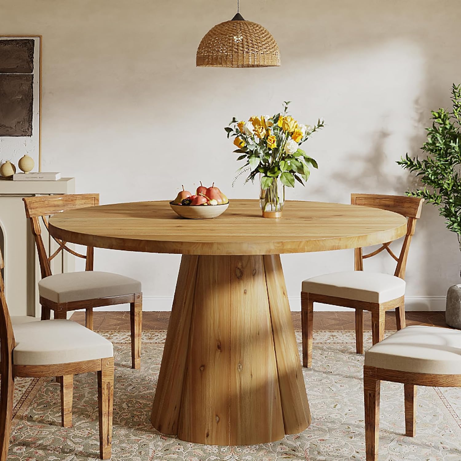 47.24" Solid Wood Dining Table, Round Kitchen Table with Pedestal Base for 4-6