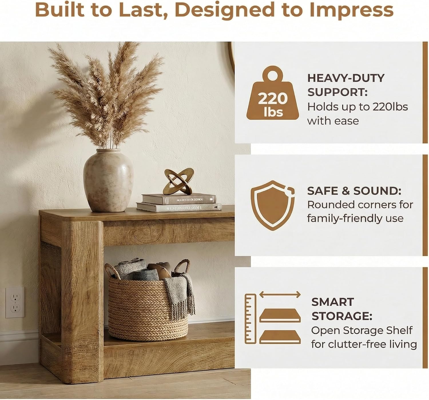 63" Farmhouse Console Table, Narrow Entryway & Sofa Table with Open Lower Shelf