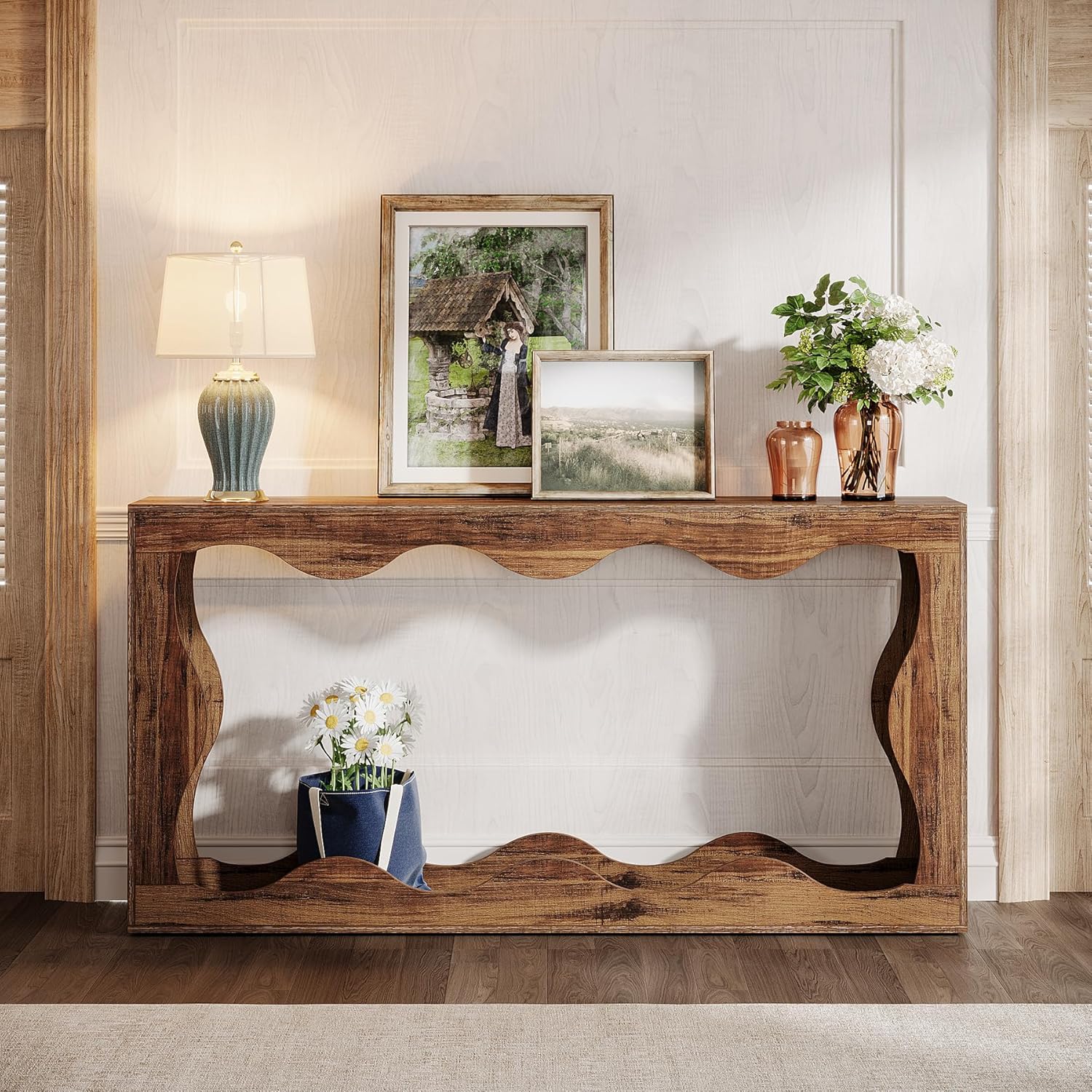 63 Inch Farmhouse Console Table with Storage, Narrow Sofa Table for Living Room and Entryway