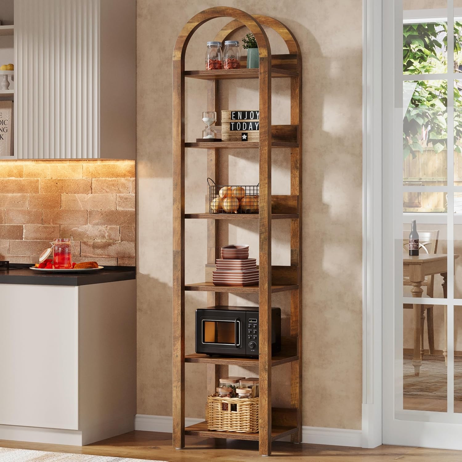 71" Narrow Bookshelf, 6-Tier Arched Bookcase Display Shelf Open Storage Rack