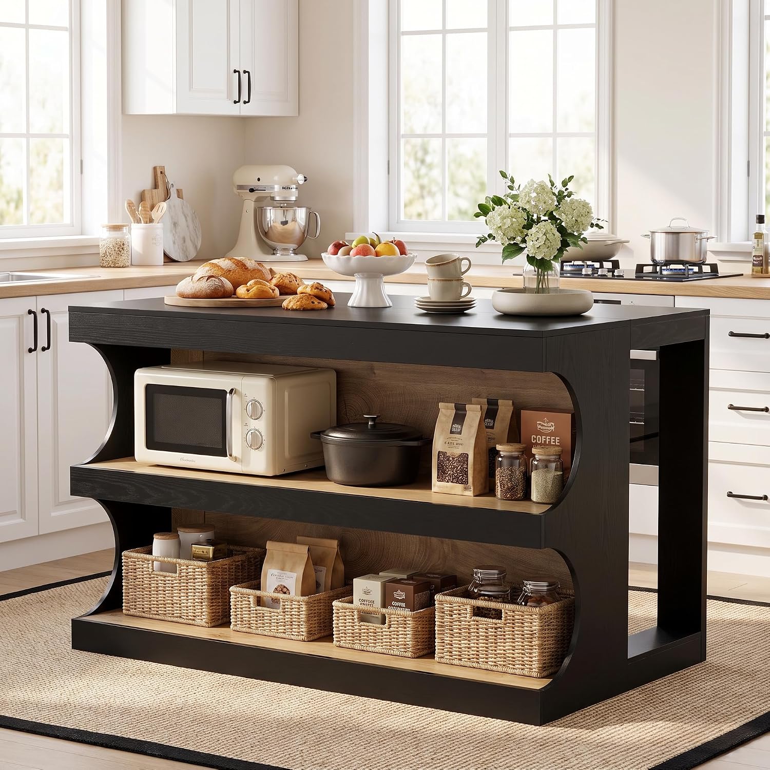 55" Sturdy Kitchen Island, Farmhouse Stationary Island Table