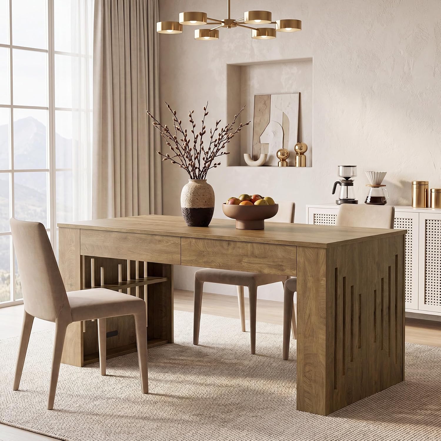63" Rectangular Dining Table, Rustic Kitchen Table with Drawers for 4 Persons