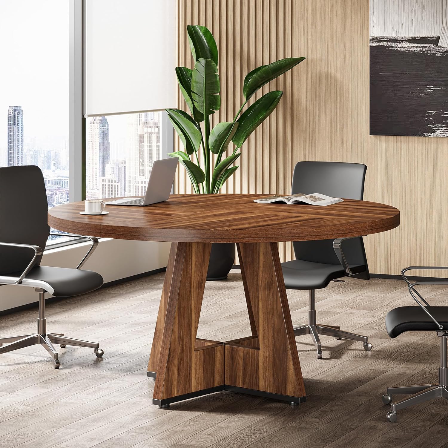 Tribesigns 47-Inch Round Conference Table for 4-6 People, Wooden Base and Thickened Top