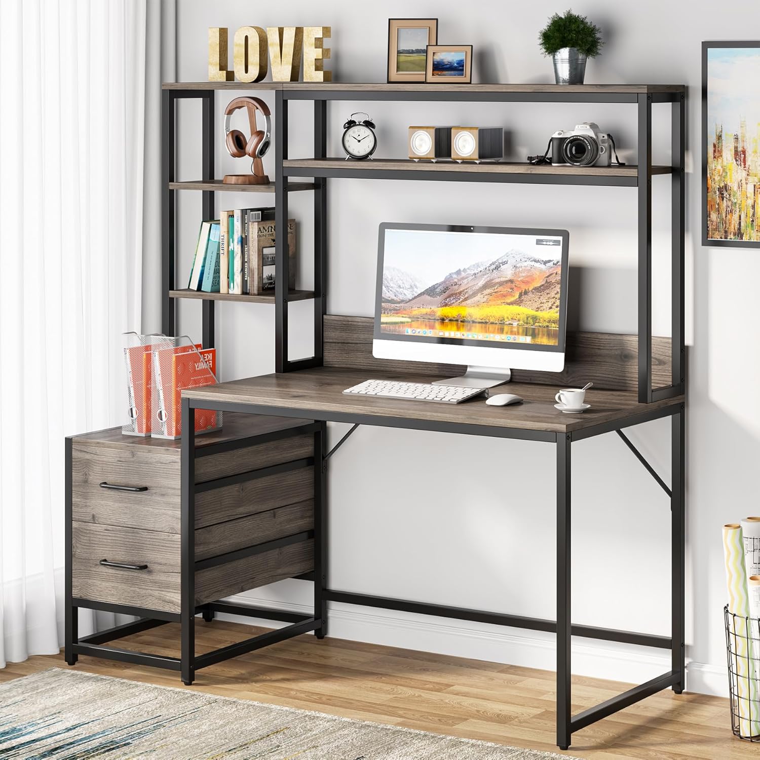 Tribesigns 55 Inch Computer Desk with Storage Shelves, Rustic Office Desk with Drawers