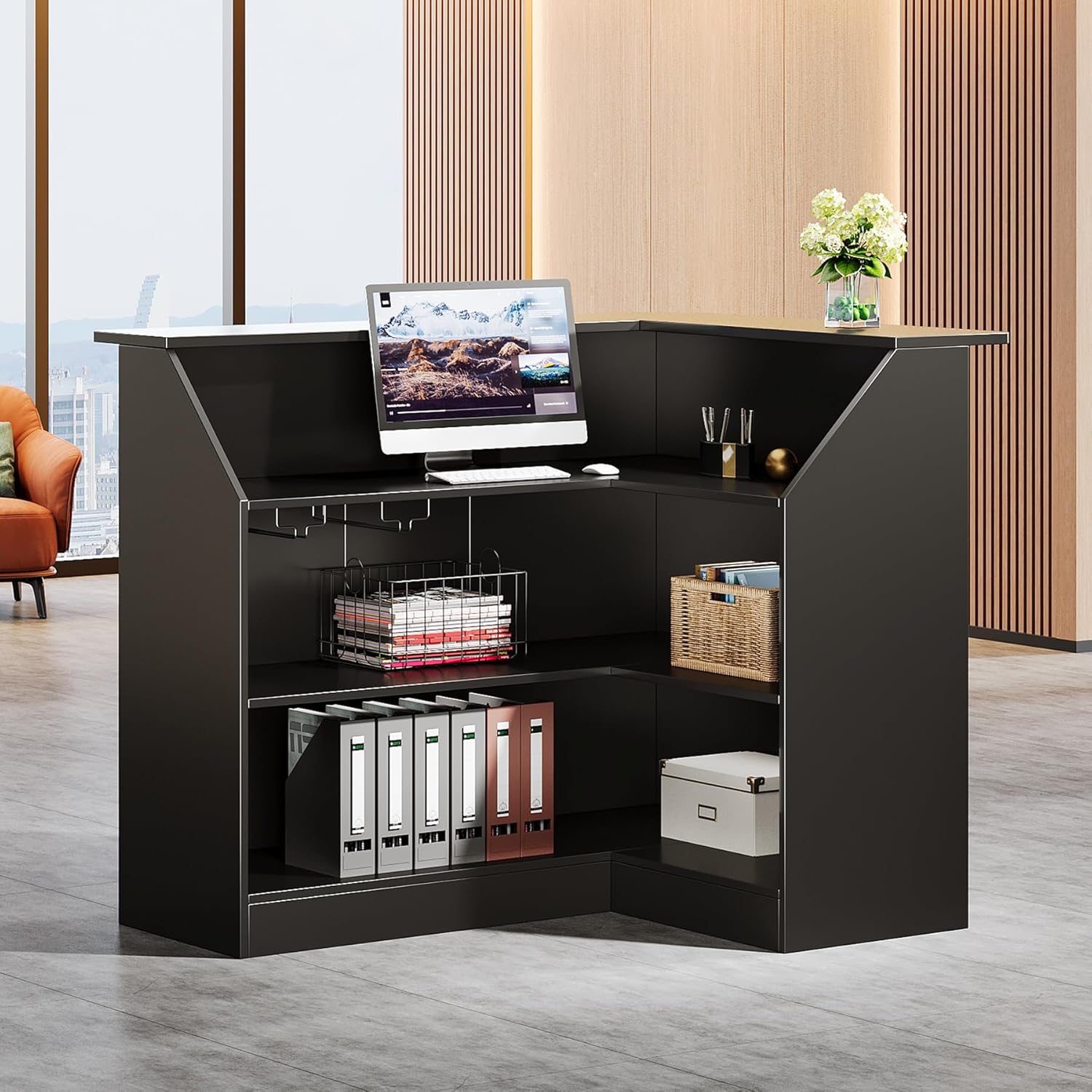 L-Shaped Reception Desk with Storage Shelves, Modern Front Desk for Small Office or Salon