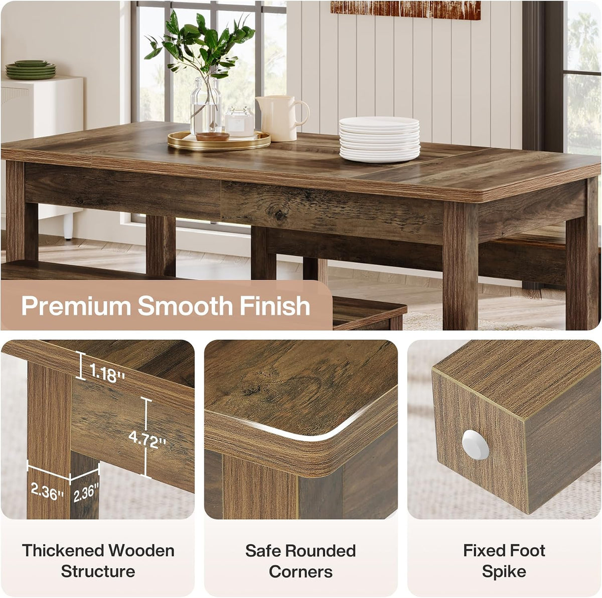 55" Farmhouse Kitchen Table Set for 4–6 People, 3 Piece Space Saving Dining Table with 2 Benches