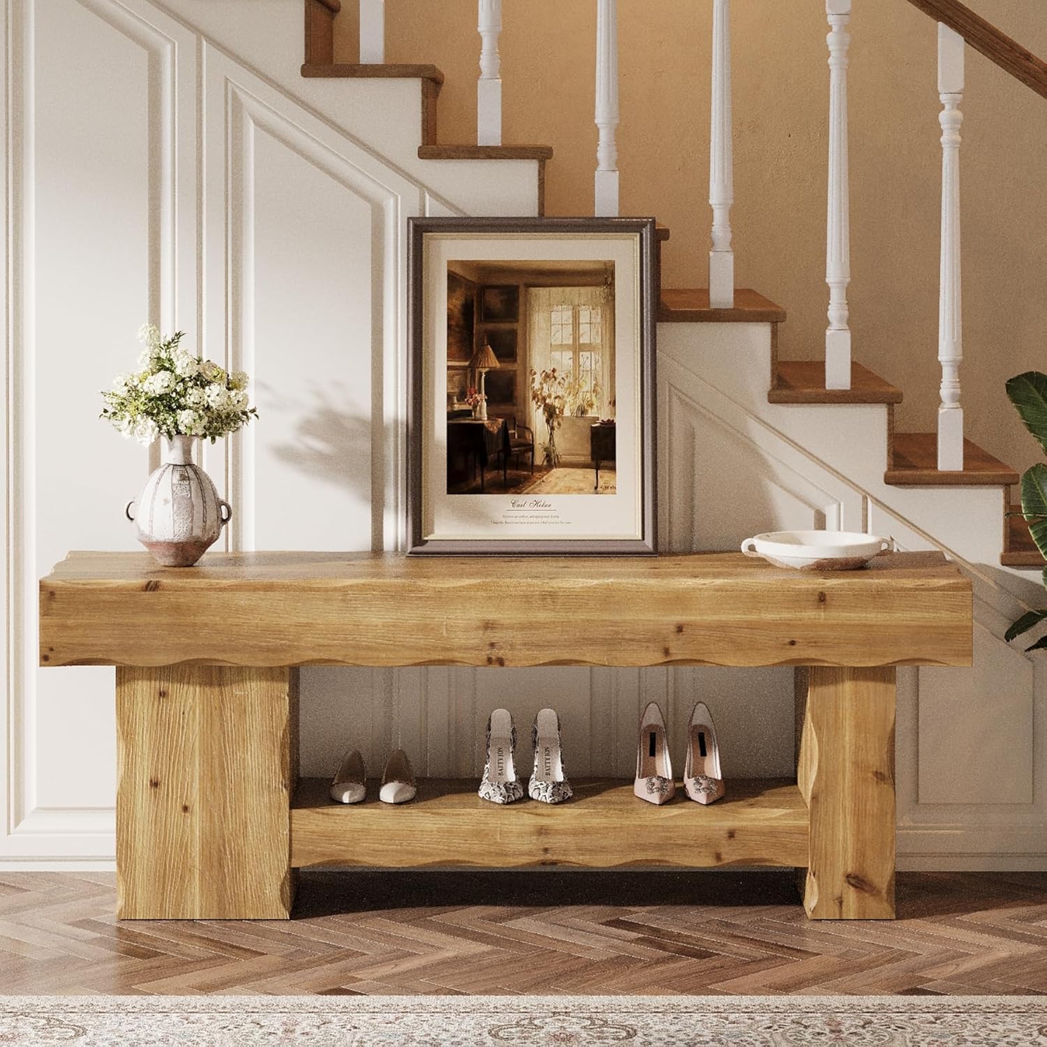 Solid Wood Entryway Shoe Bench, 63" End-of-Bed Bench with Storage Shelf