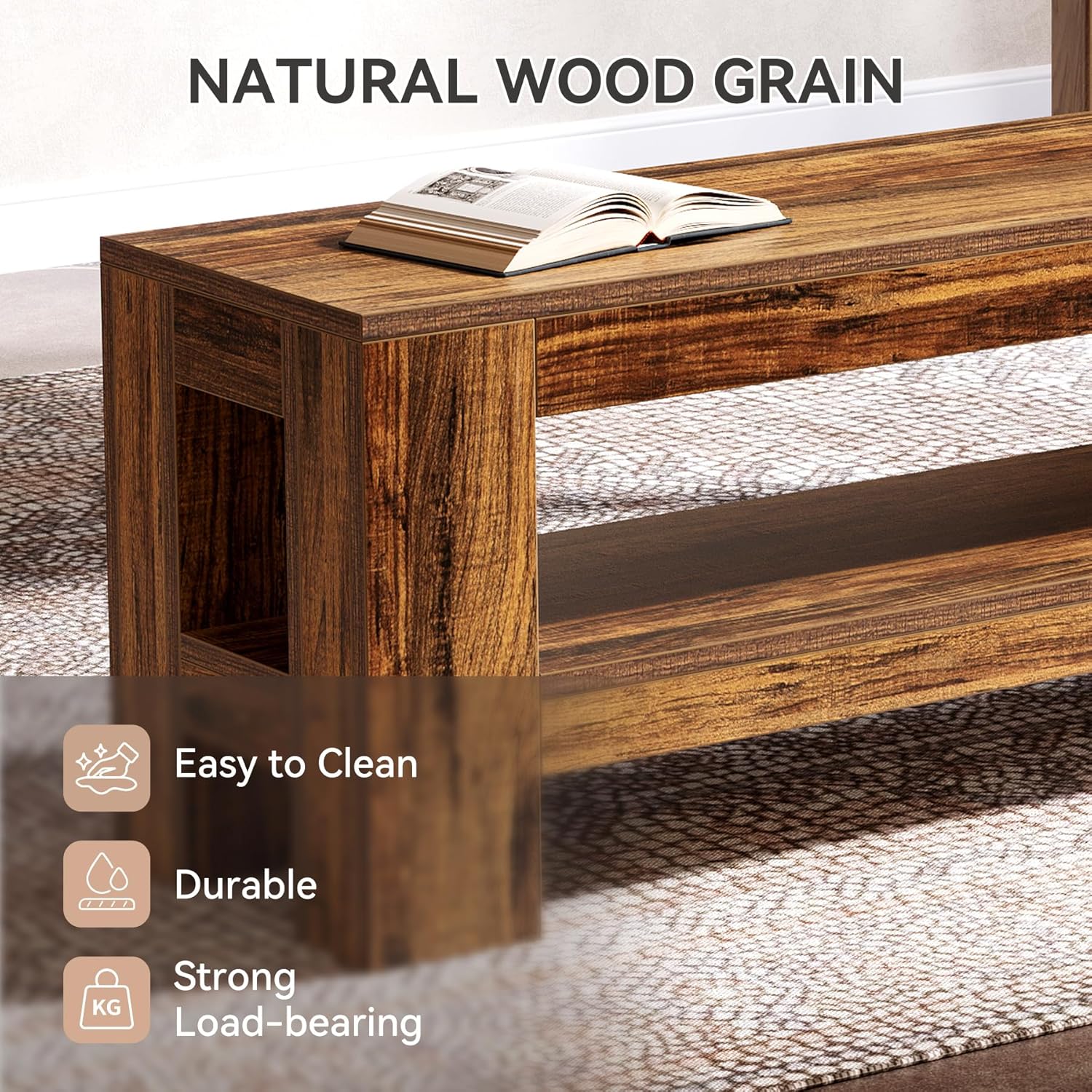 59" Wooden Dining Bench, Farmhouse Indoor Kitchen Bench with Storage Shelf