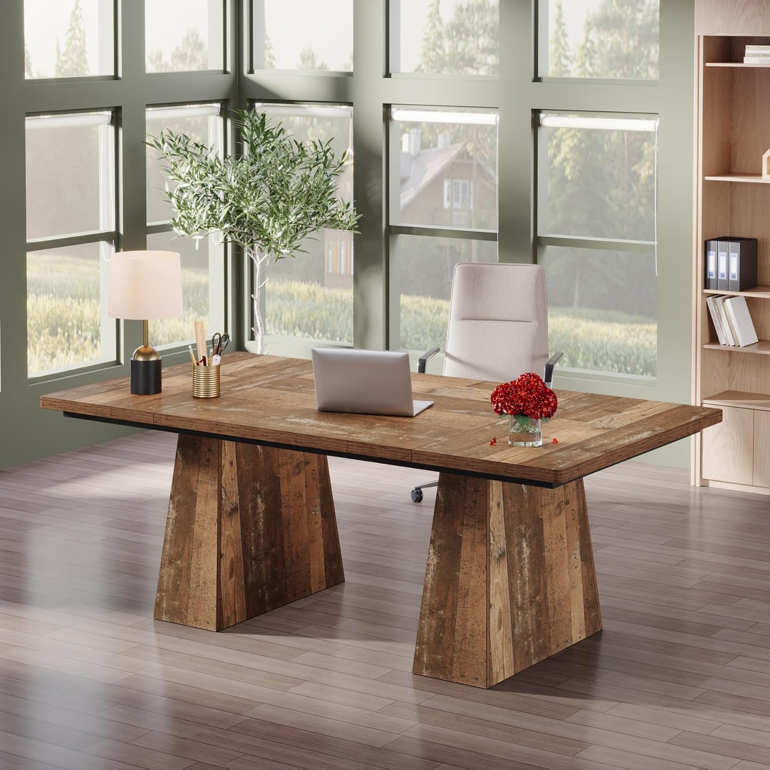 63" Executive Office Desk, Modern Black Double Pedestal Workstation for Home