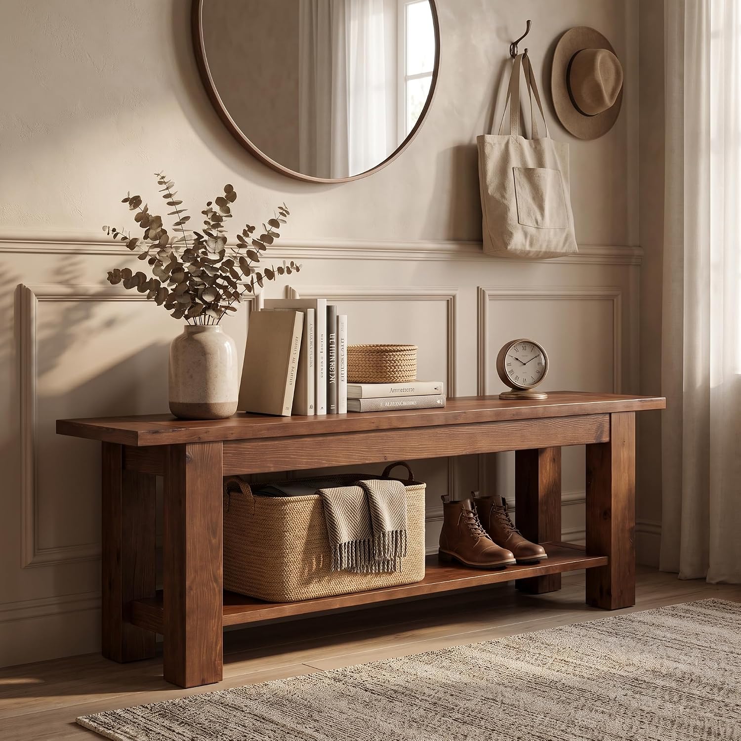 71" Extra Long Entryway Bench with Shoe Storage, Rustic Farmhouse Solid Wood, 2-Tier, Hallway