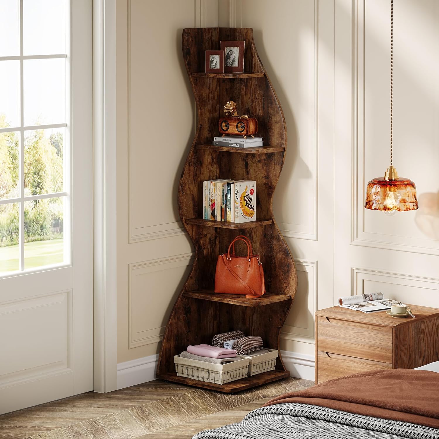 Tribesigns Wavy Corner Shelf, Modern 5-Tier Curved Bookshelf for Small Spaces