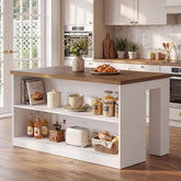 55" Farmhouse Kitchen Island, Stationary Island Prep Dining Table with 2-Tier Open Shelves 3