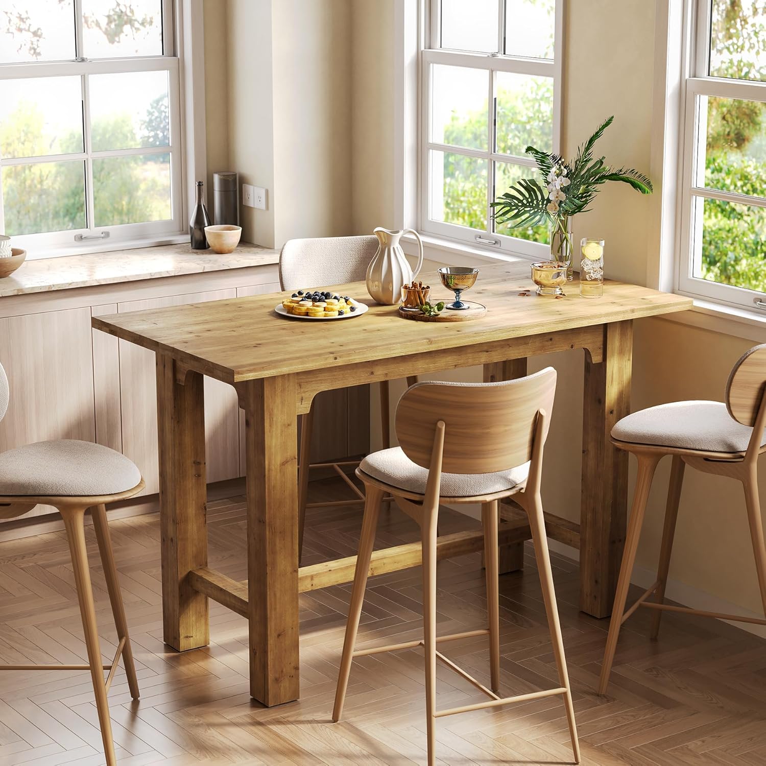 Kitchen Table With Brown Pub Table Set Solid Wood Bar Table, 63