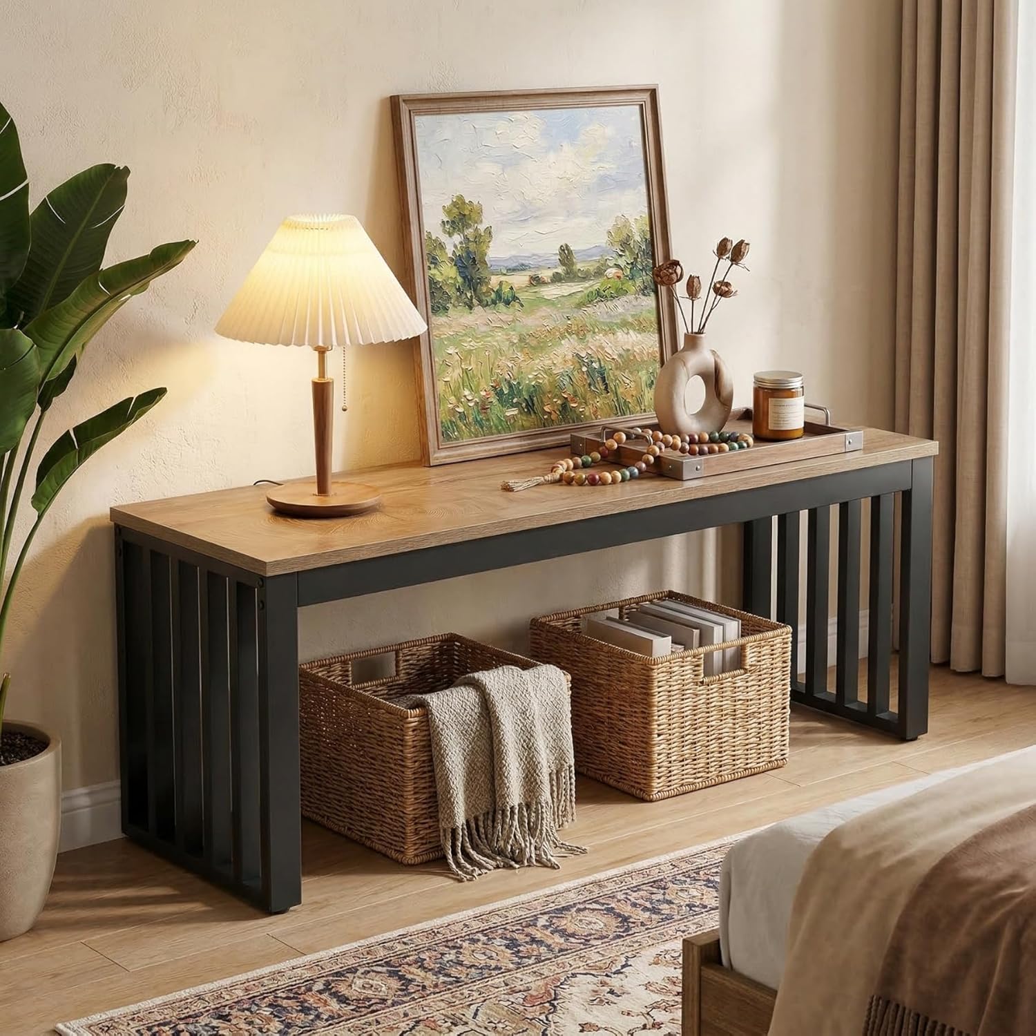 47.3" Entryway Bench, Wooden End of Bed Bench with Sturdy Metal Frame