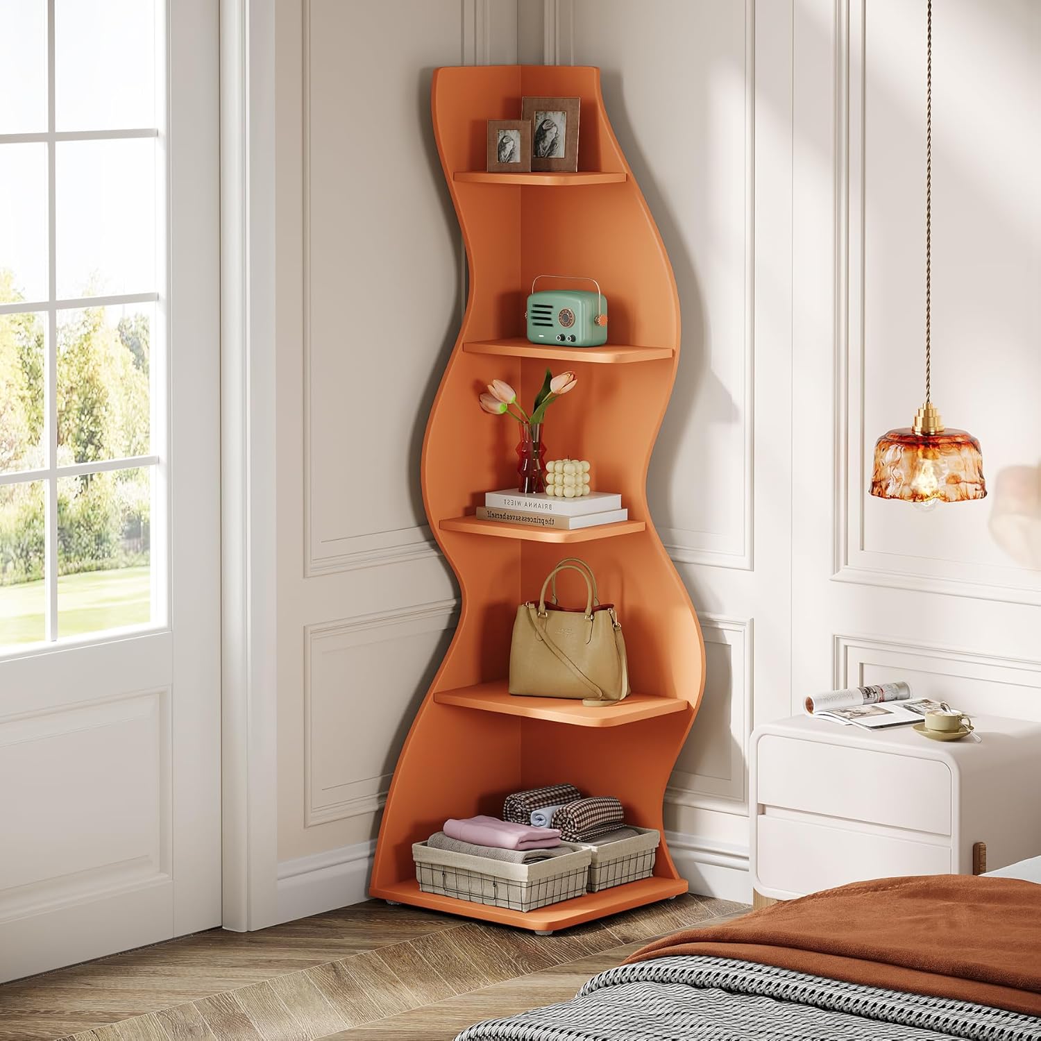 Tribesigns Wavy Corner Shelf, Modern 5-Tier Curved Bookshelf for Small Spaces