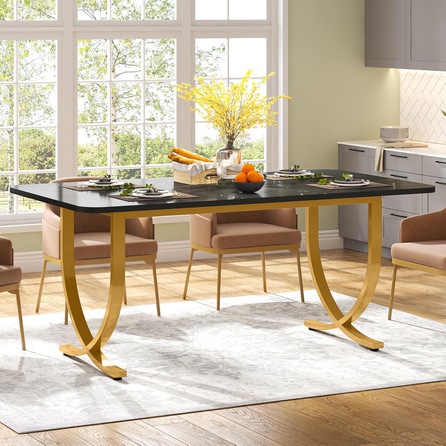 63" Modern Kitchen Table with Gold Metal Legs, Faux Marble Rectangular Dining Table