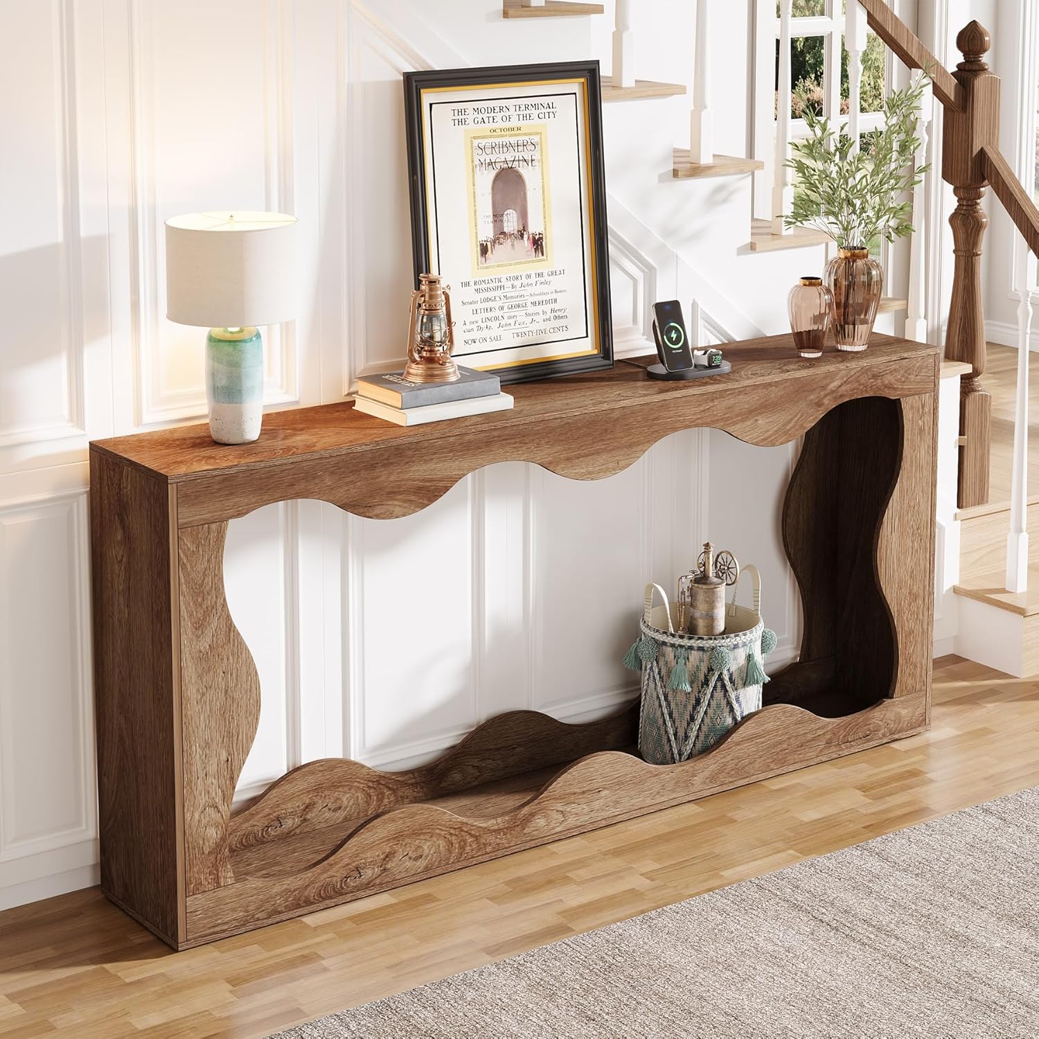 63 Inch Farmhouse Console Table with Storage, Narrow Sofa Table for Living Room and Entryway