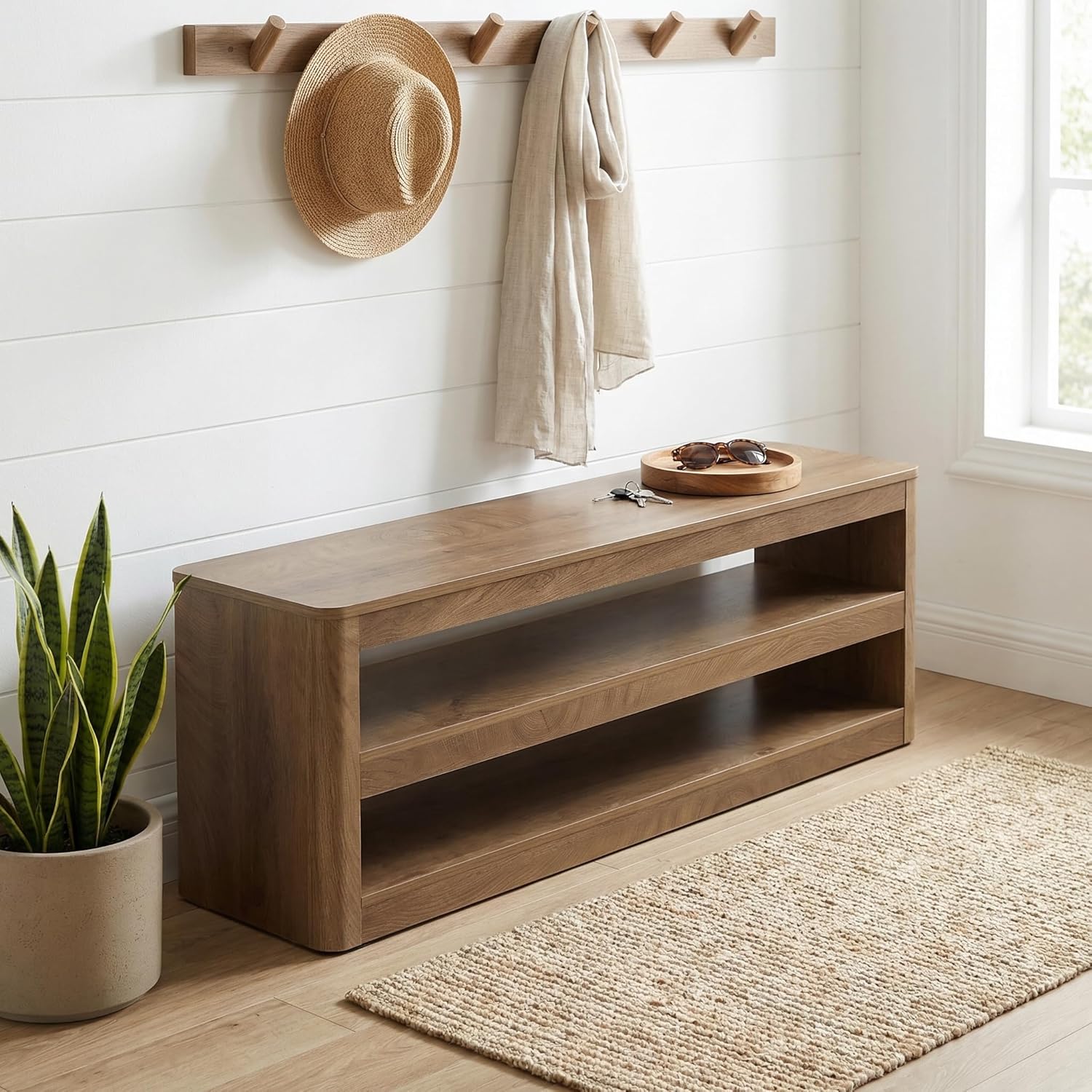 55" Entryway Bench, 3-Tier Shoe Bench End of Bed Seat for Hallway, Bedroom