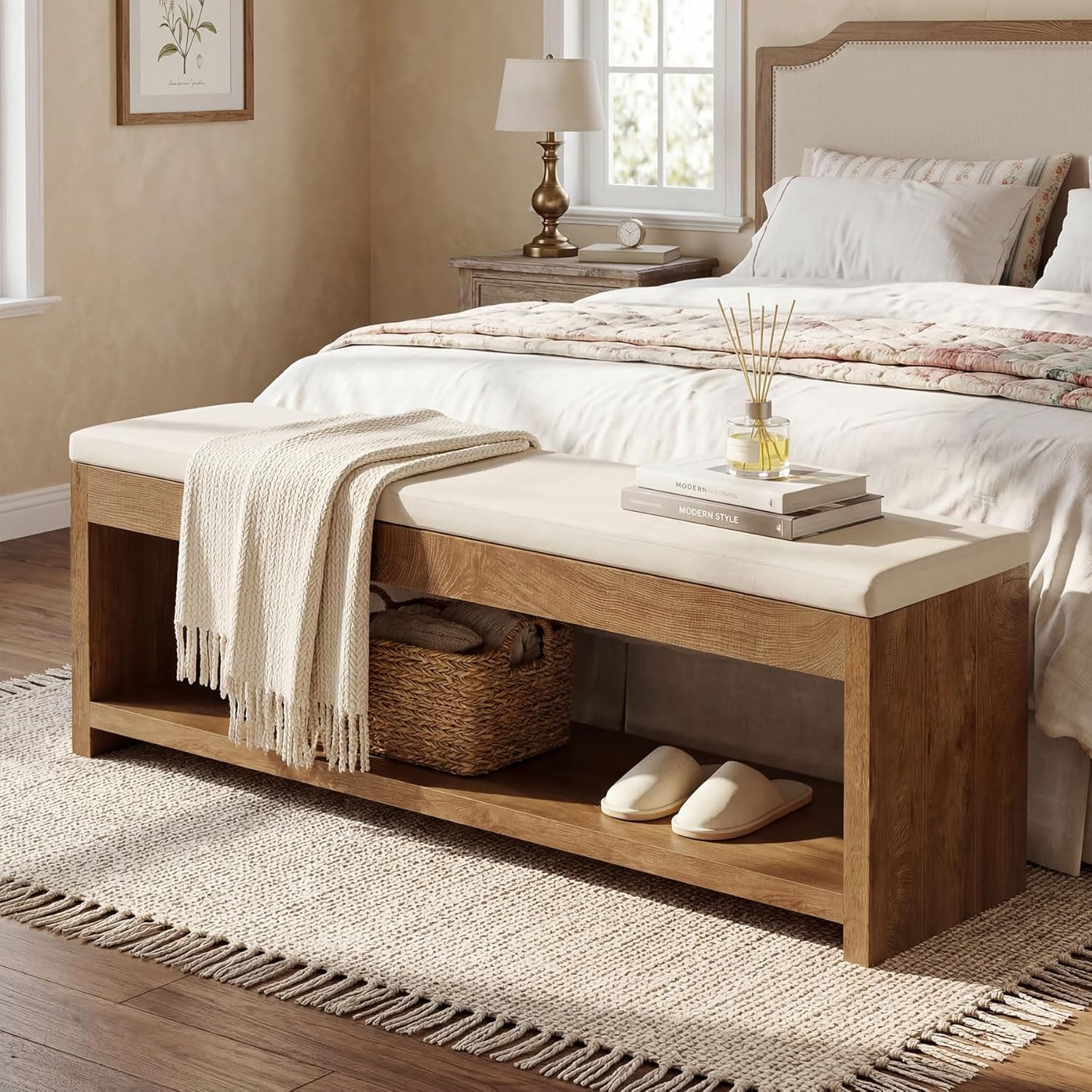 Upholstered End of Bed Bench, 55" Wooden Storage Bench with Shoe Rack