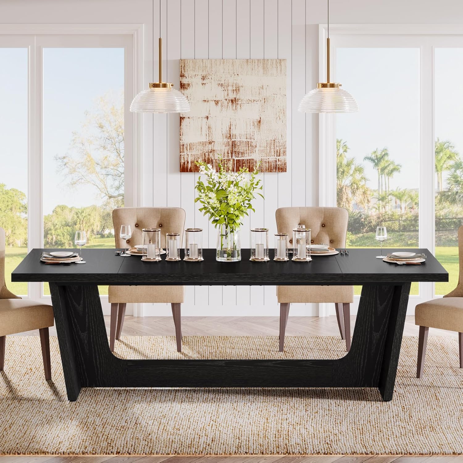 70.87" Rustic Brown Dining Table, Large Farmhouse Rectangular Table with Solid Pedestal Base