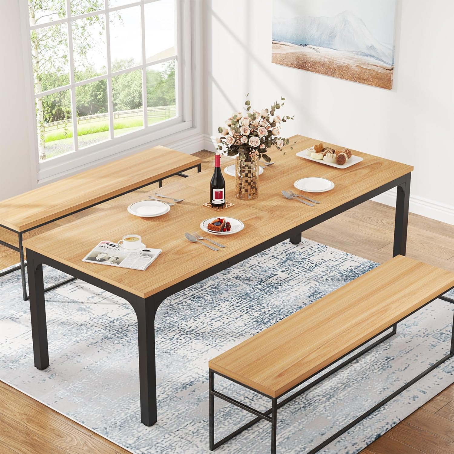 Tribesigns 78.7" Industrial Dining Table, Rustic Rectangular Wood Table with Metal Legs