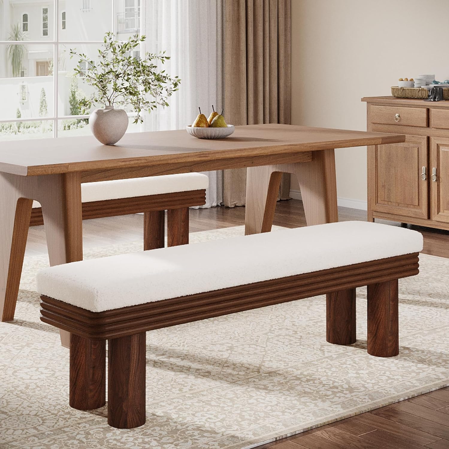 55" Upholstered Dining Bench with Faux Shearling Padded Seat