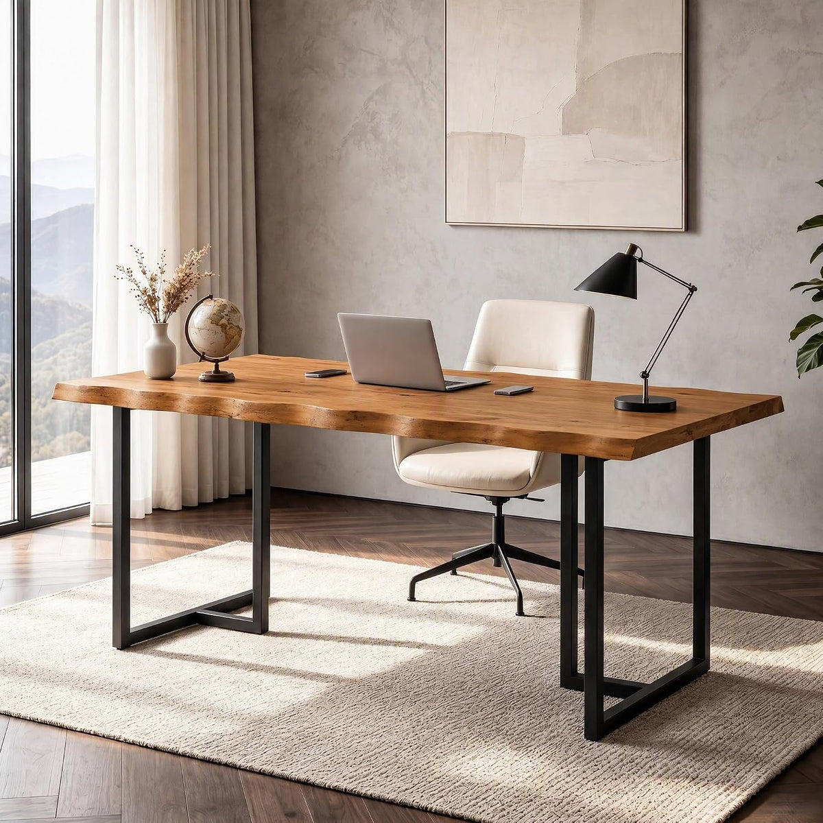 63" Live Edge Executive Desk, Solid Wood Home Office Desk, Heavy-Duty Metal Frame