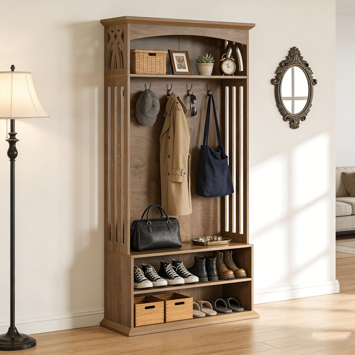 71" Hall Tree, Tall Coat Rack with 5 Hooks and 2-Tier Shoe Storage