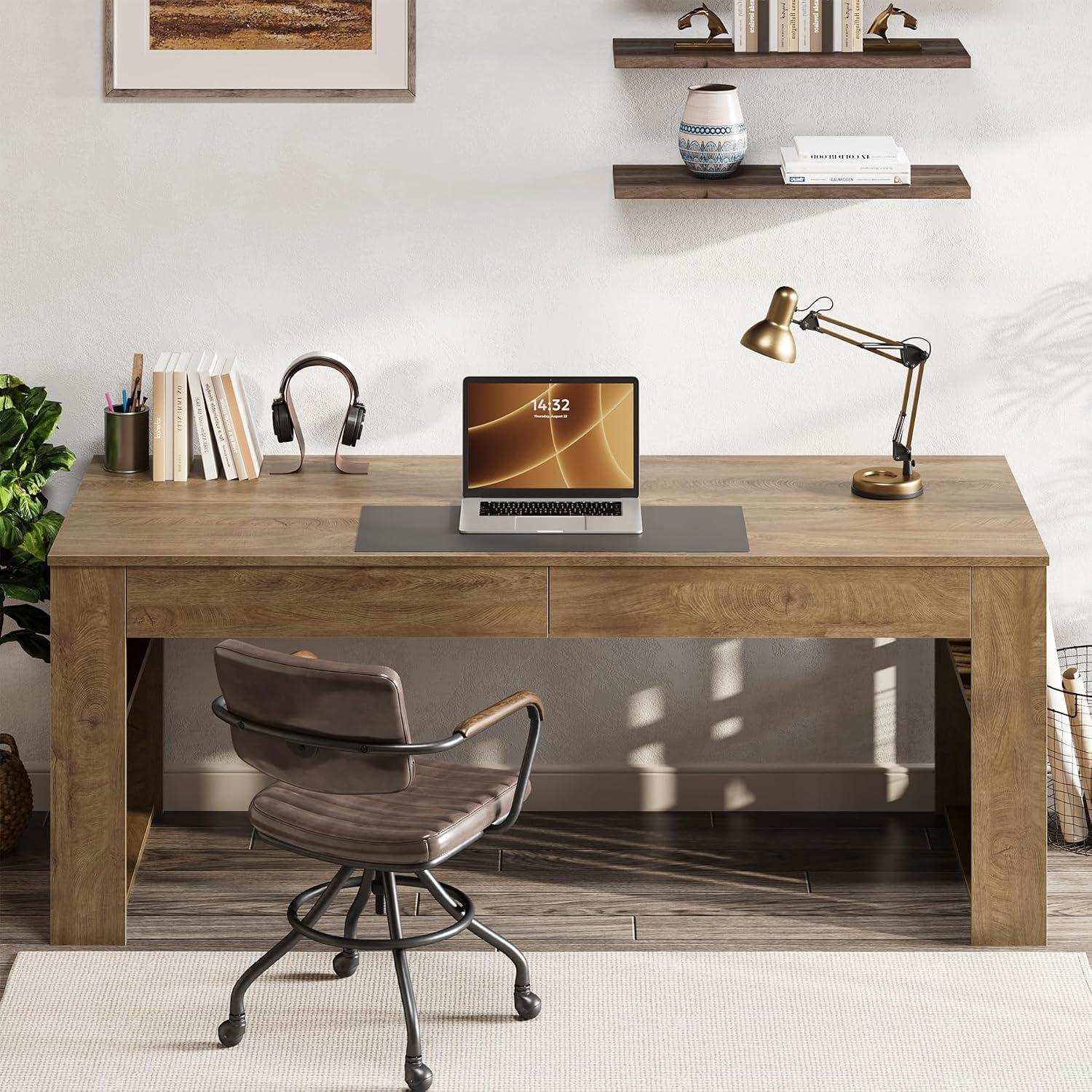 63" Executive Desk, Farmhouse Computer Desk with Drawers & Side Storage Shelf