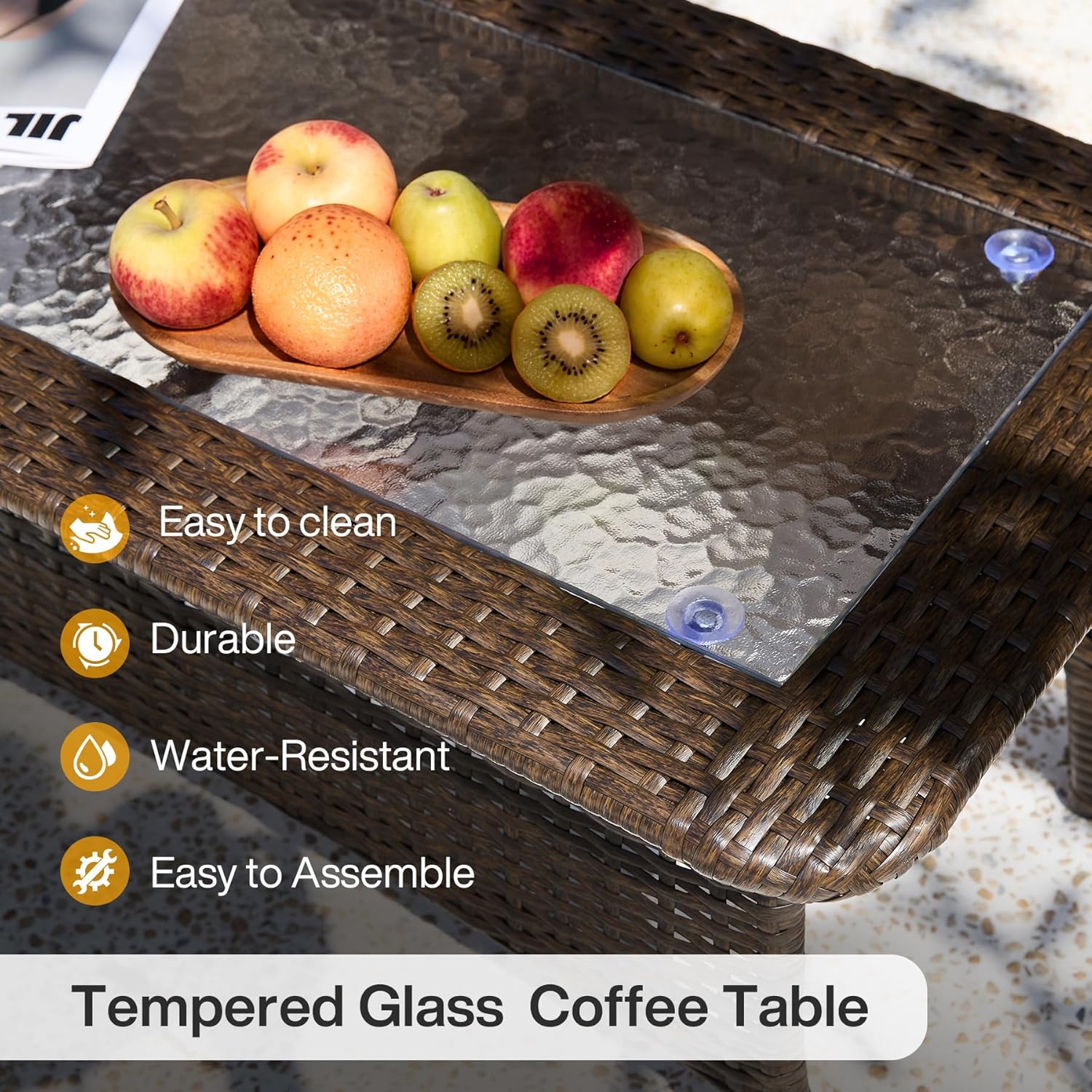 35.4" Outdoor Coffee Table, Rectangular Wicker Center Table With Glass Top