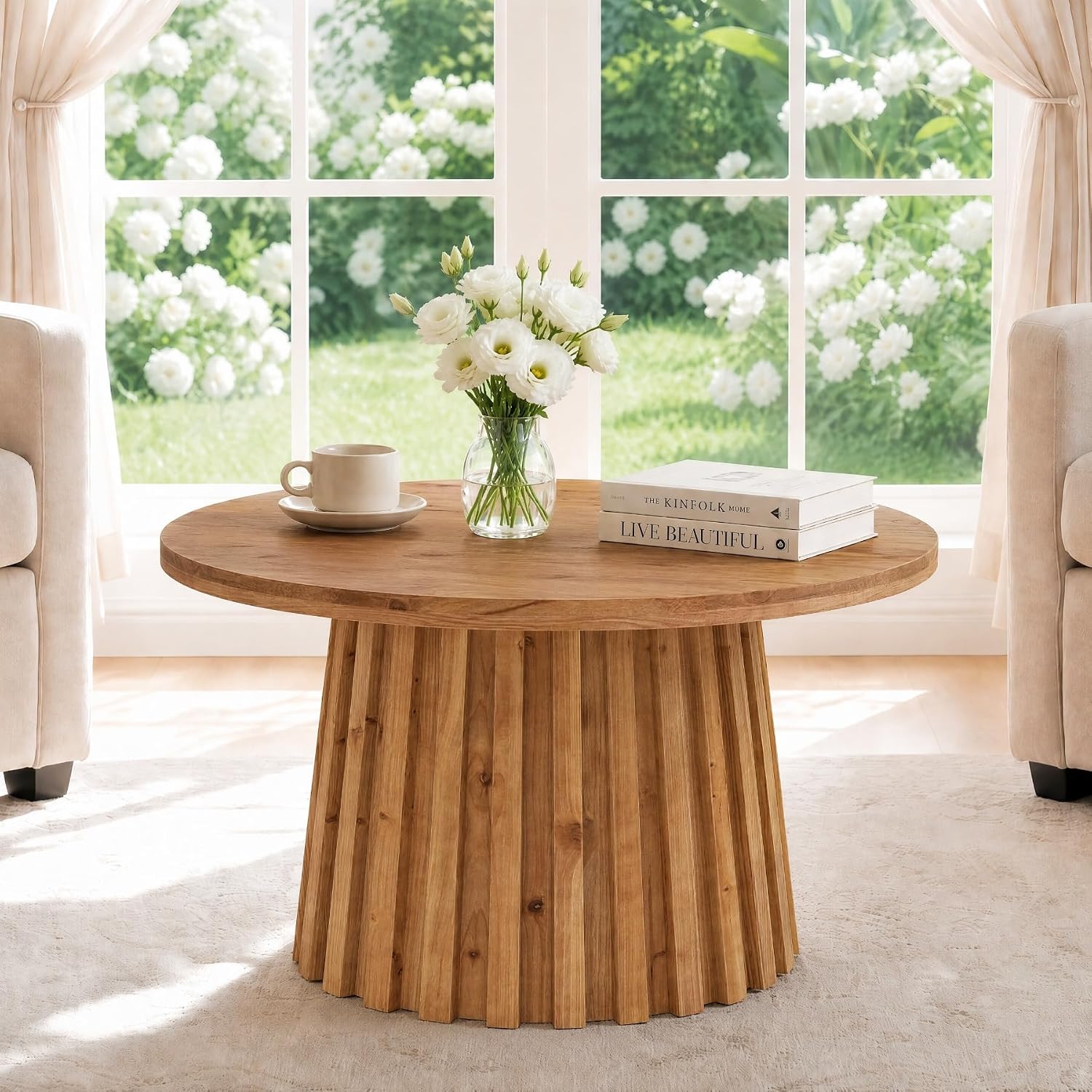 32" Round Fluted Coffee Table, Farmhouse Solid Wood Living Room, Circle Center Tea Table