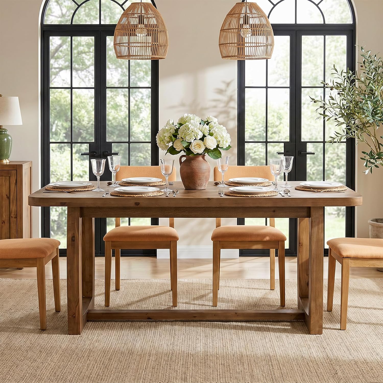 63" Solid Wood Dining Table, Farmhouse Rectangle Kitchen Table with U-Shaped Trestle Base